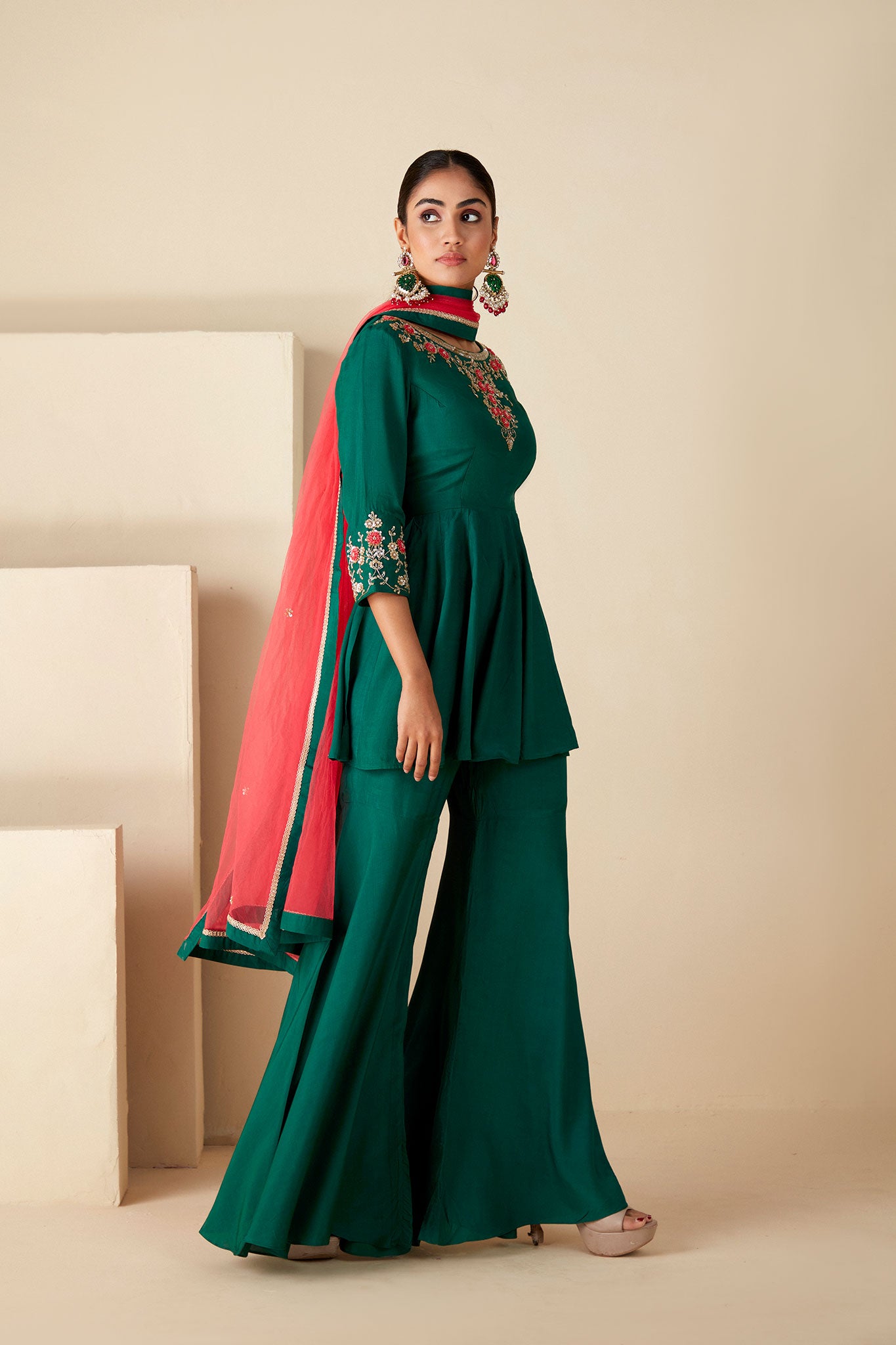 Green peplum sharara Set