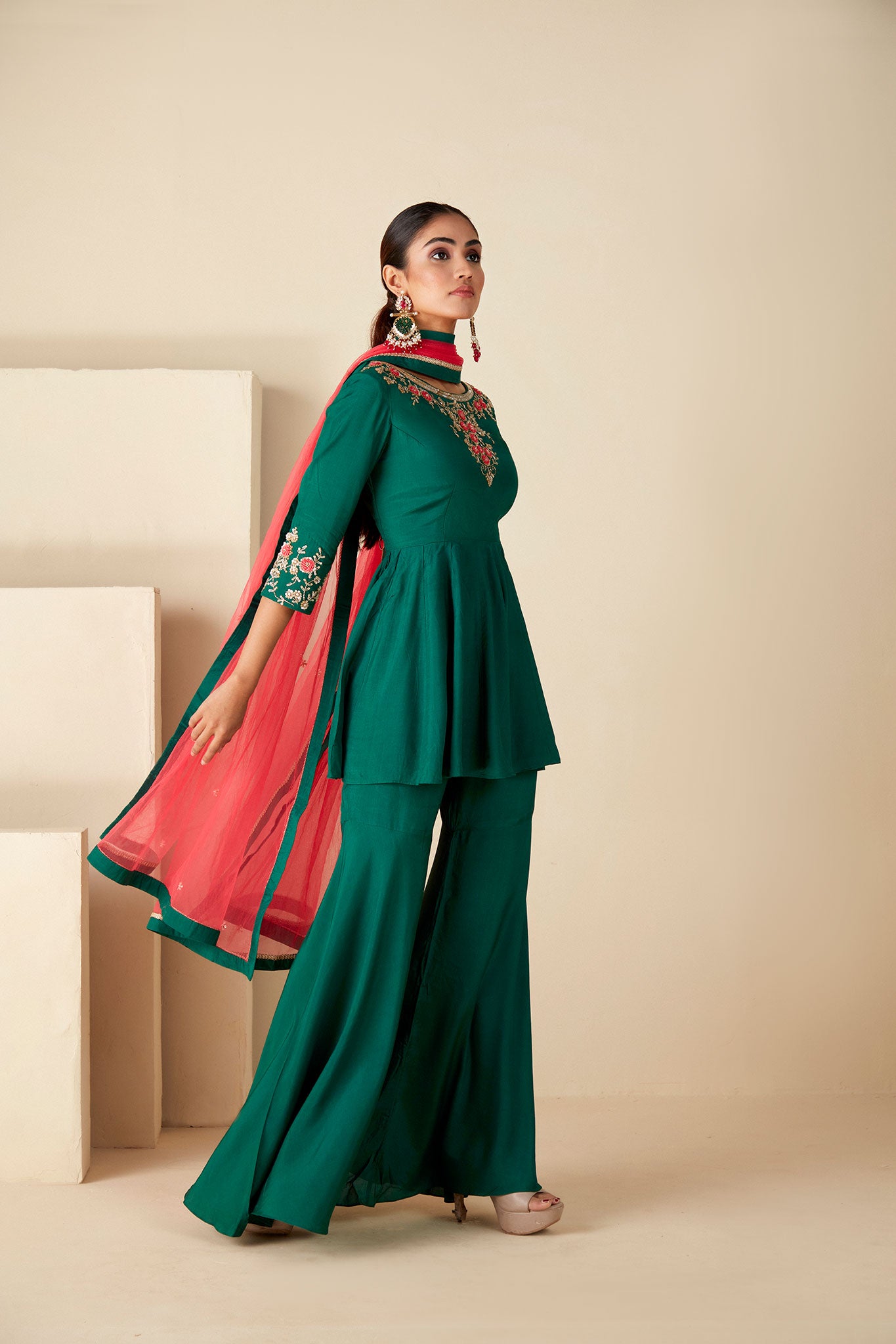 Green peplum sharara Set