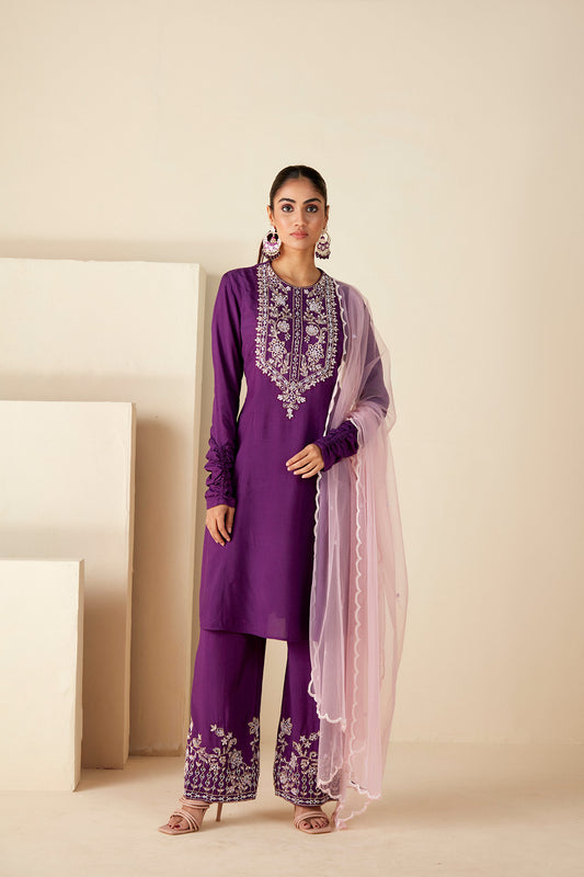 Purple and Pink Embroidery Suit Set