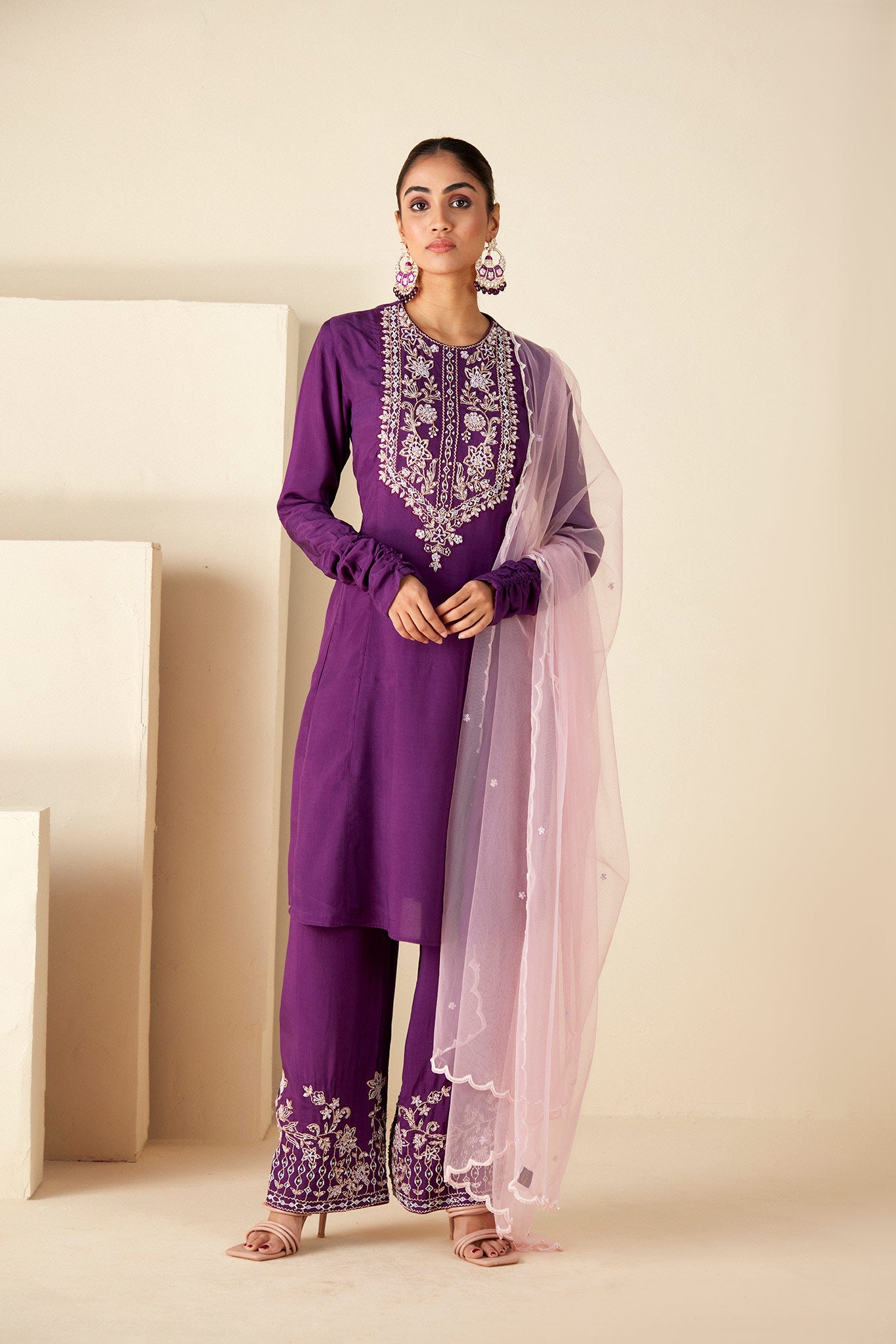 Purple and Pink Embroidery Suit Set