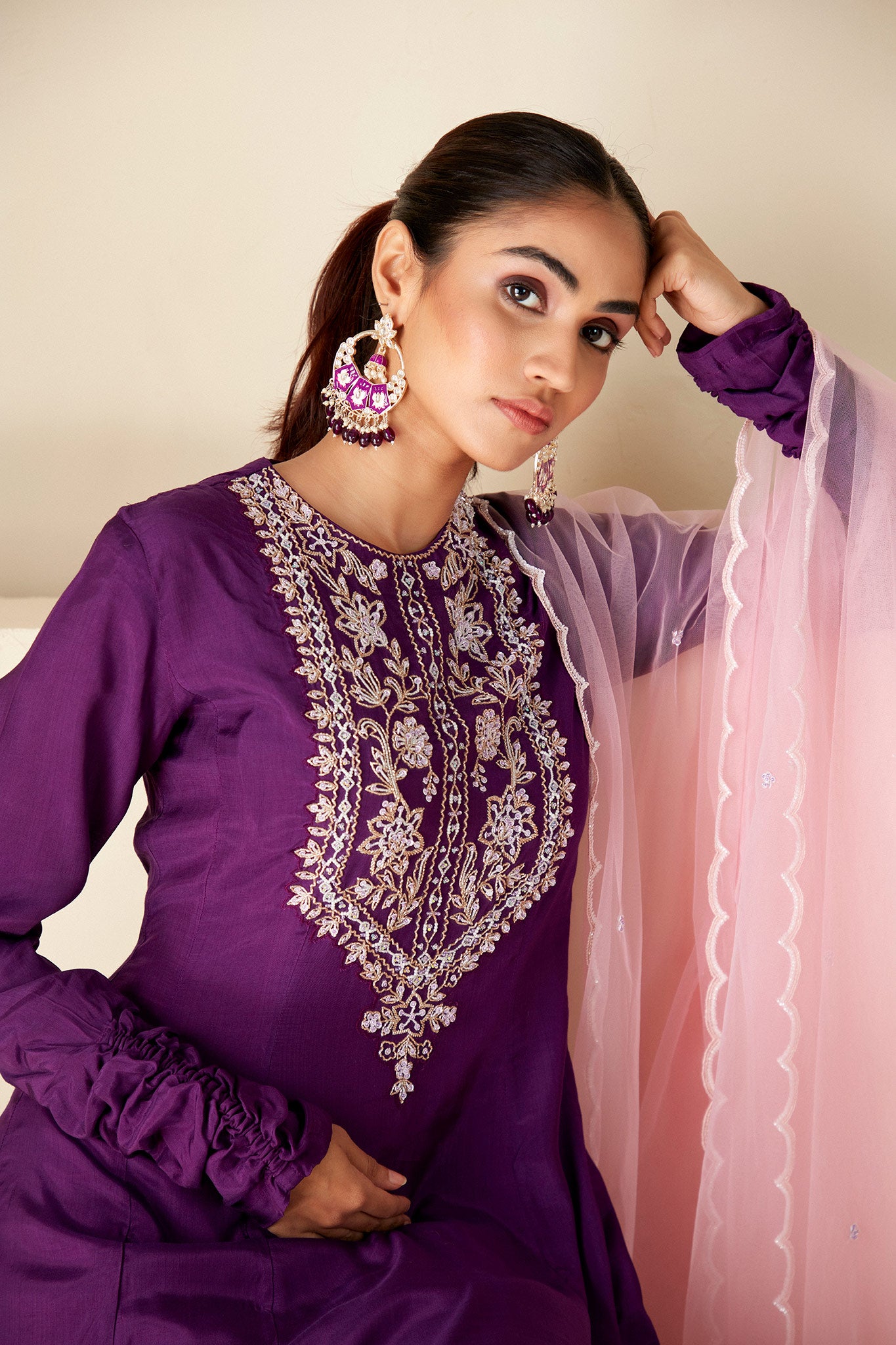 Purple and Pink Embroidery Suit Set