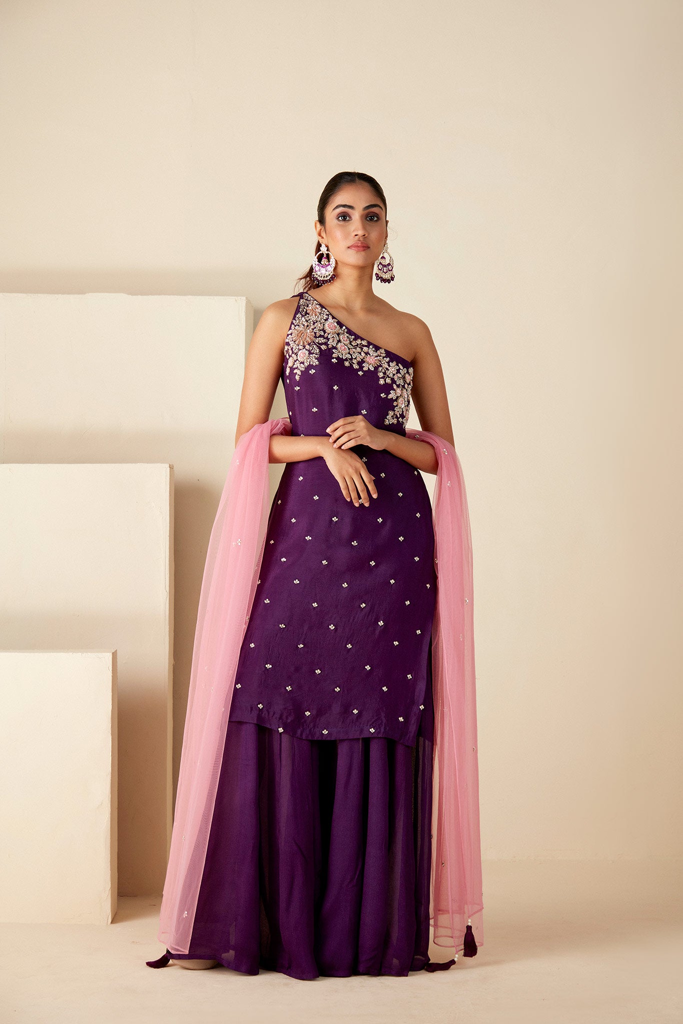 Purple One shoulder sharara suit set