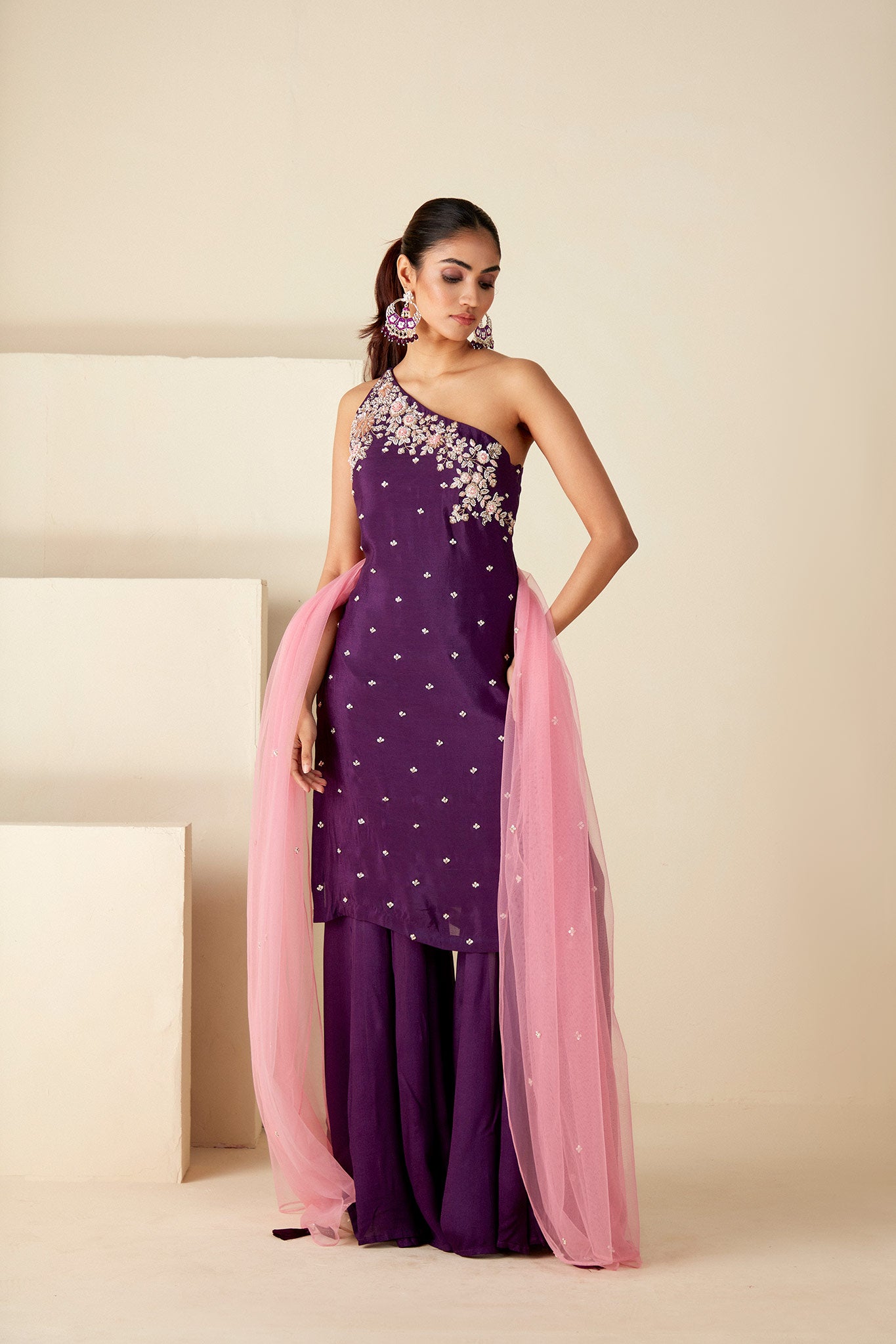 Purple One shoulder sharara suit set