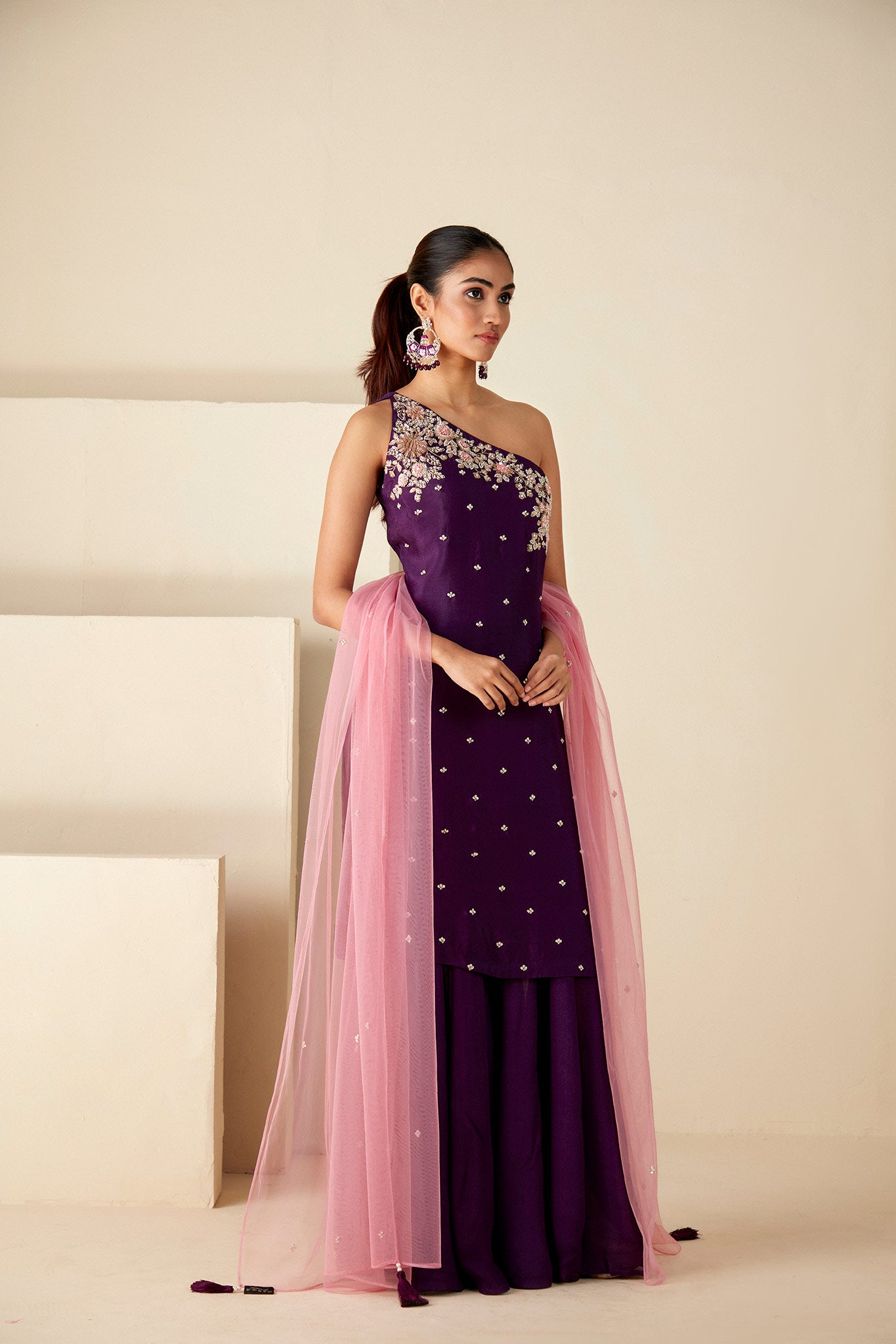 Purple One shoulder sharara suit set