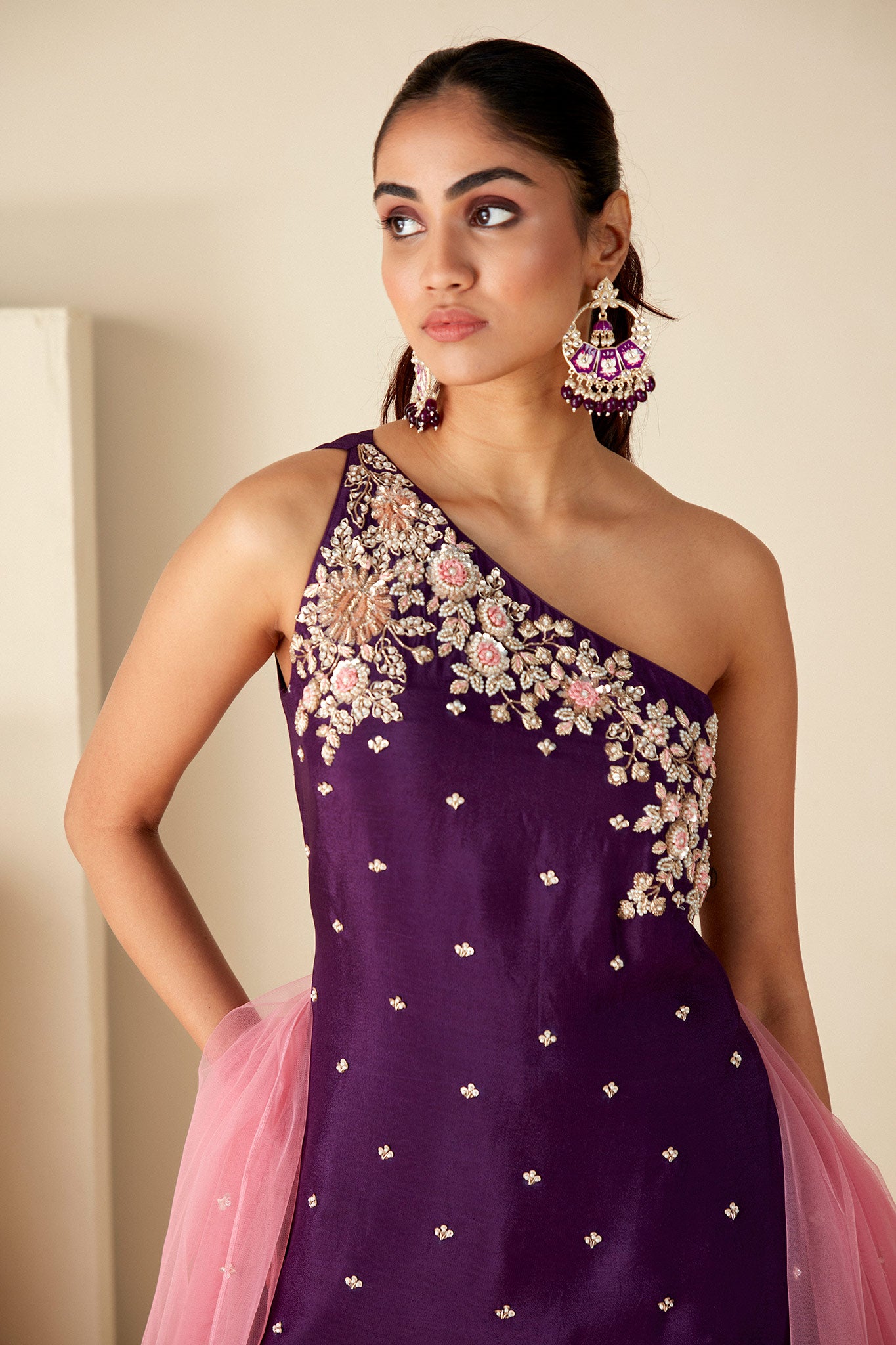 Purple One shoulder sharara suit set