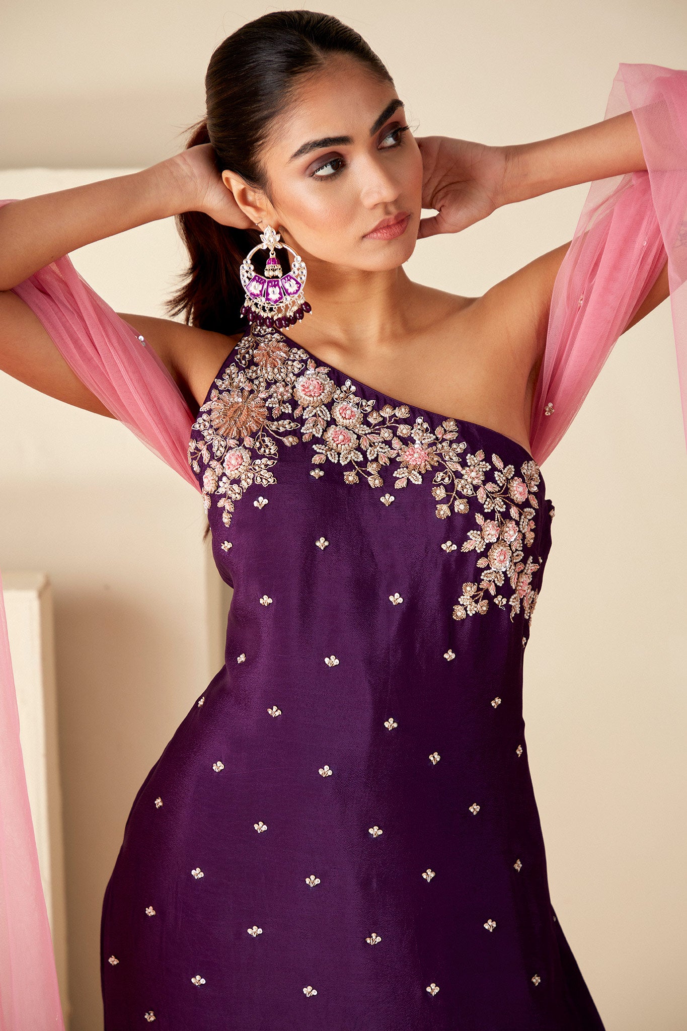 Purple One shoulder sharara suit set