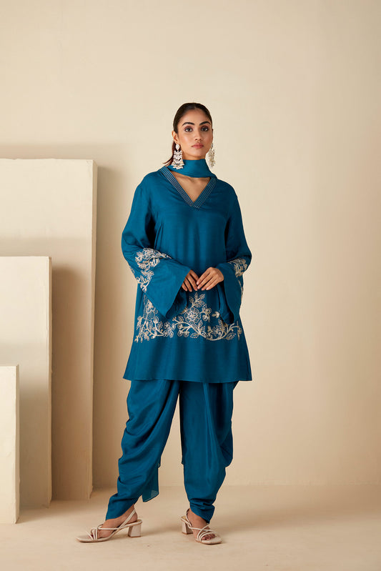 Teal Blue Dhoti Set