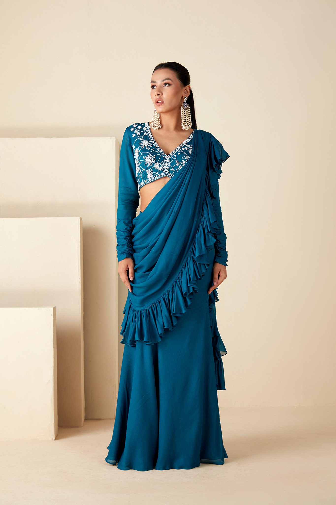 Teal Blue Ruffle Saree