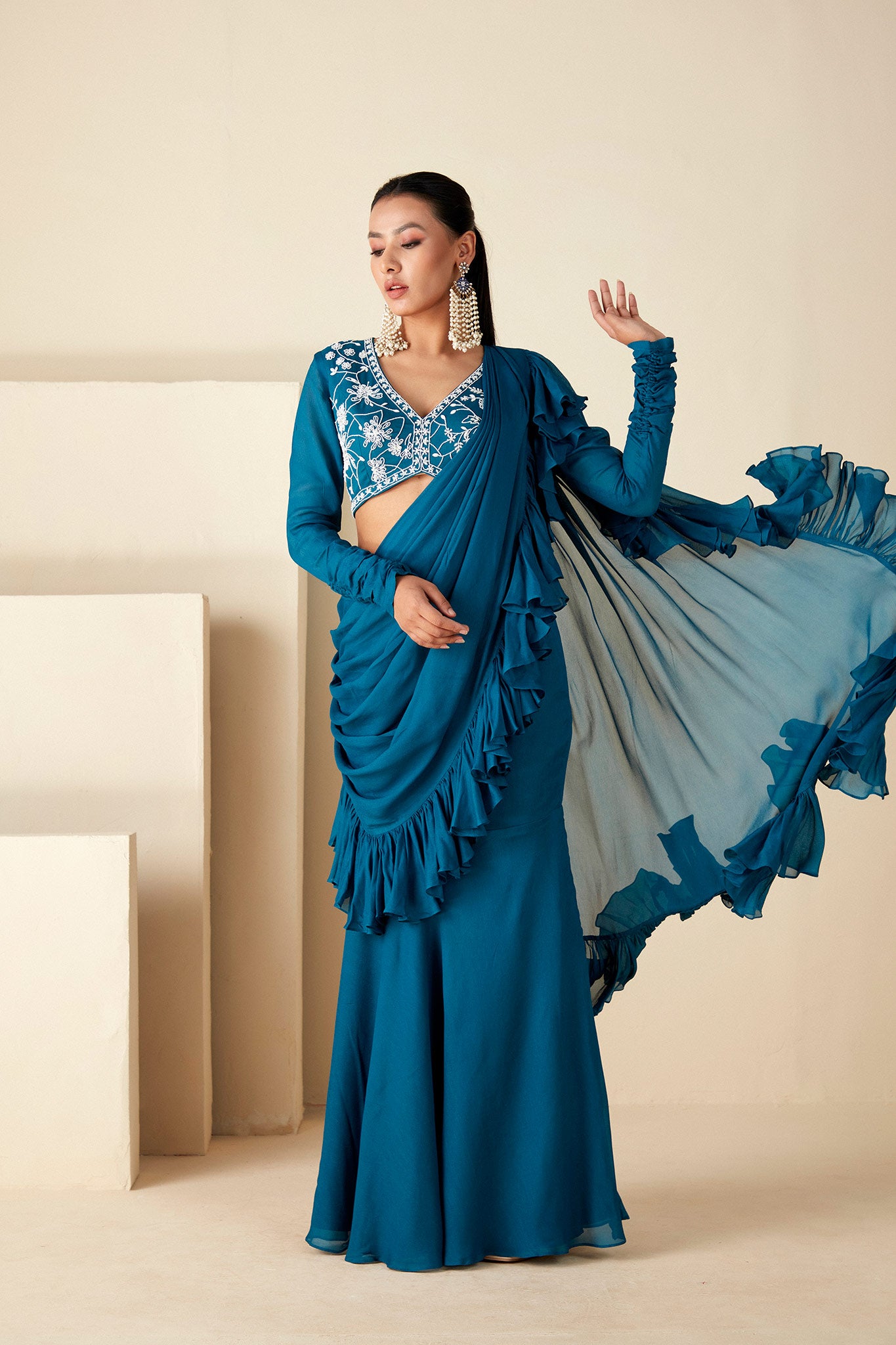 Teal Blue Ruffle Saree