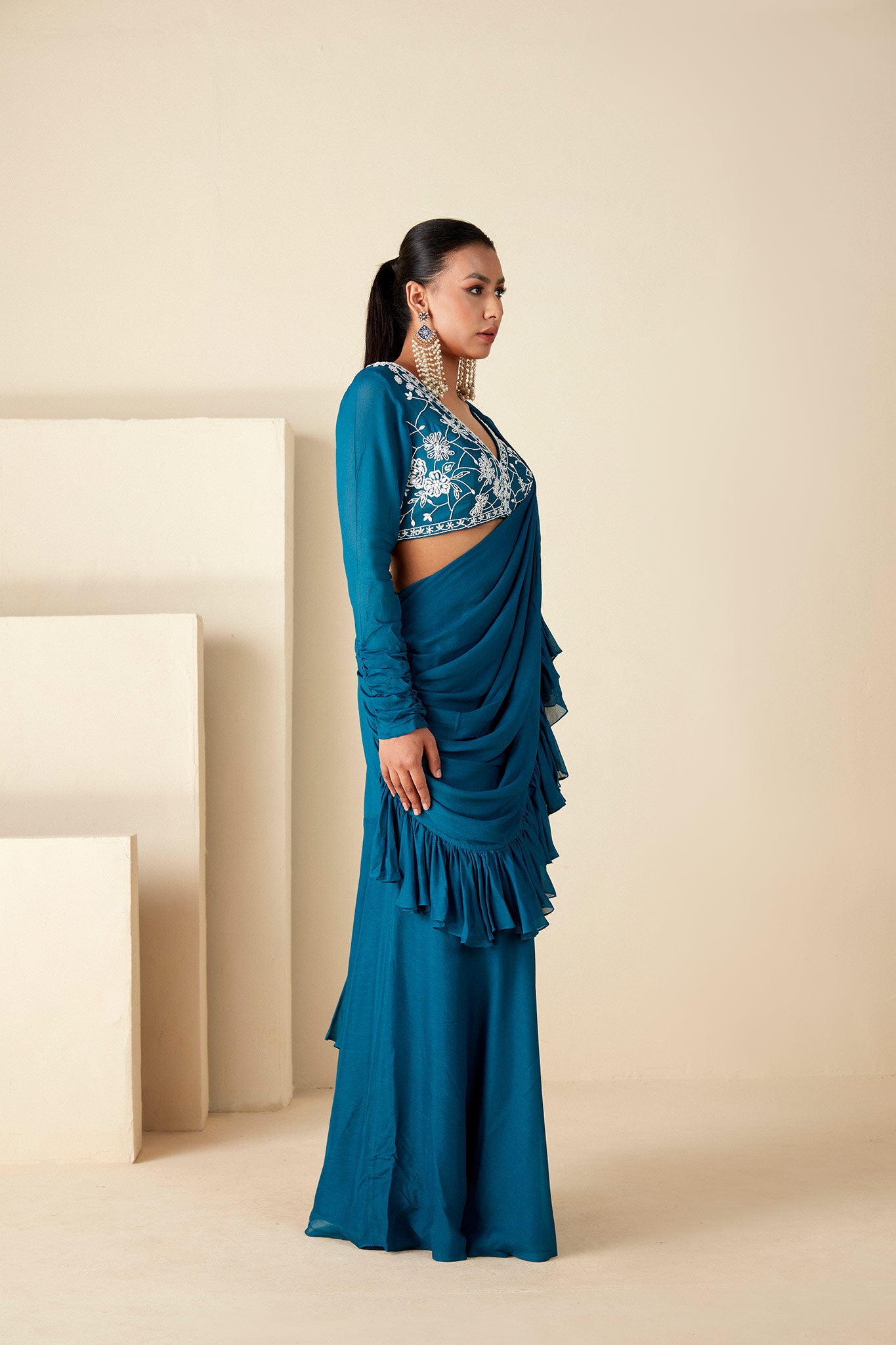 Teal Blue Ruffle Saree