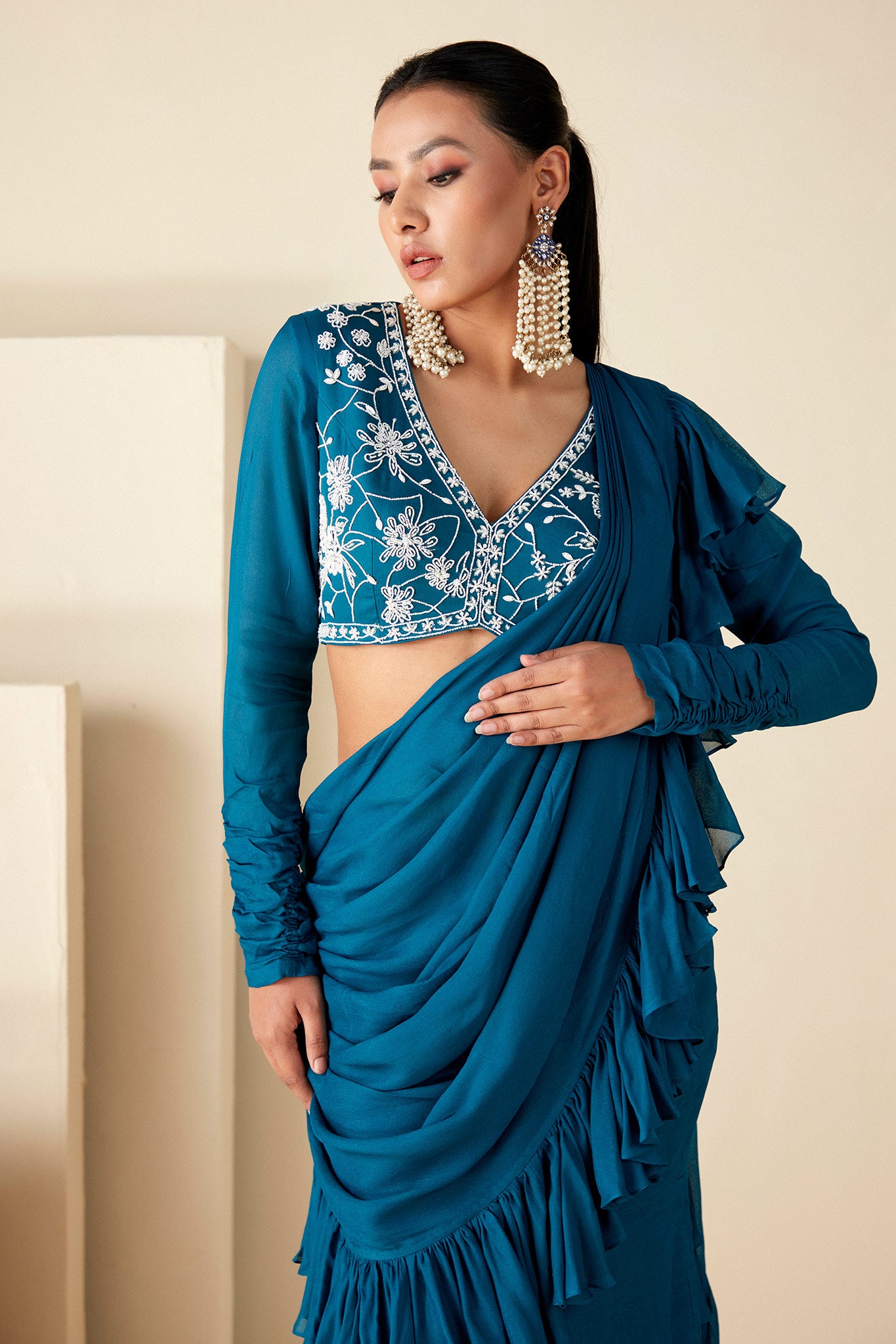 Teal Blue Ruffle Saree