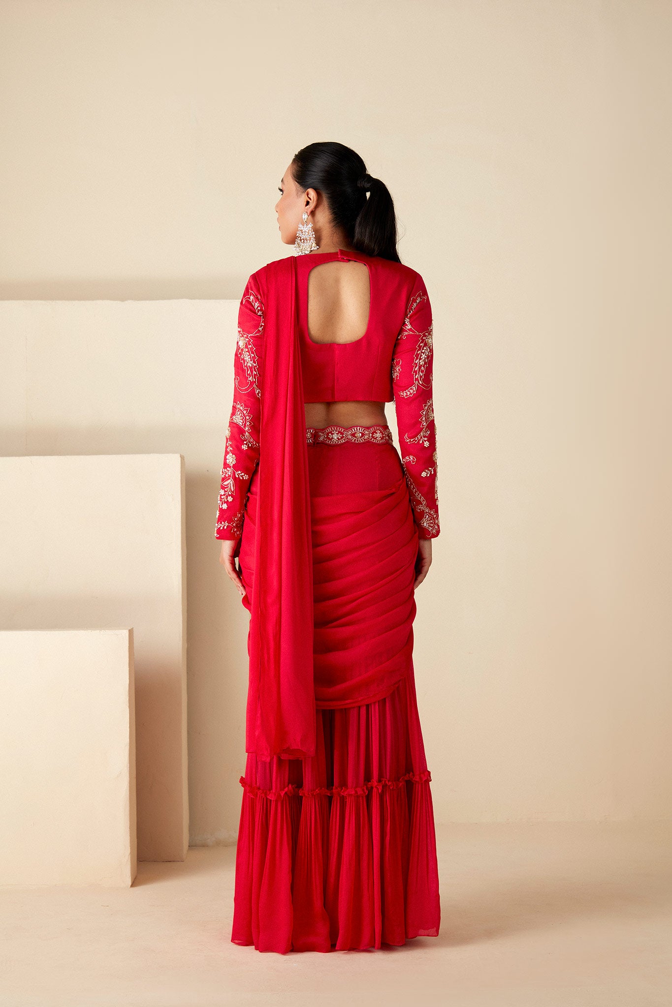Red Pre Drape Sharara Saree
