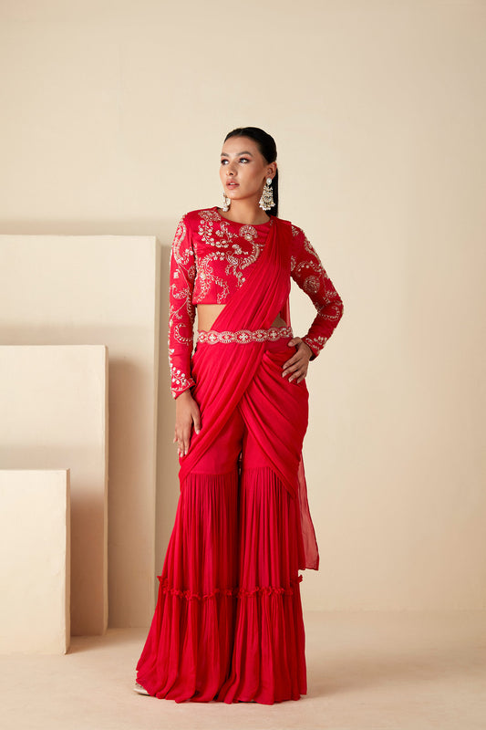 Red Pre Drape Sharara Saree