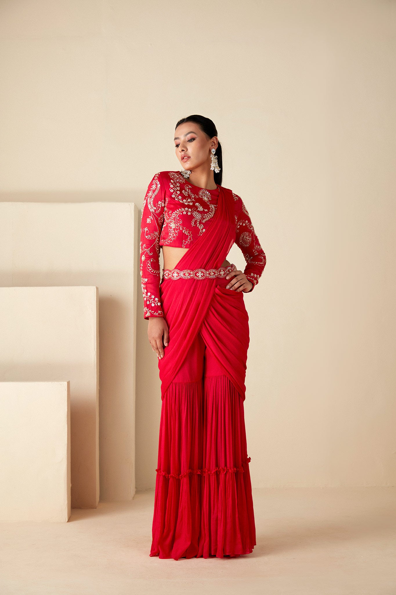 Red Pre Drape Sharara Saree