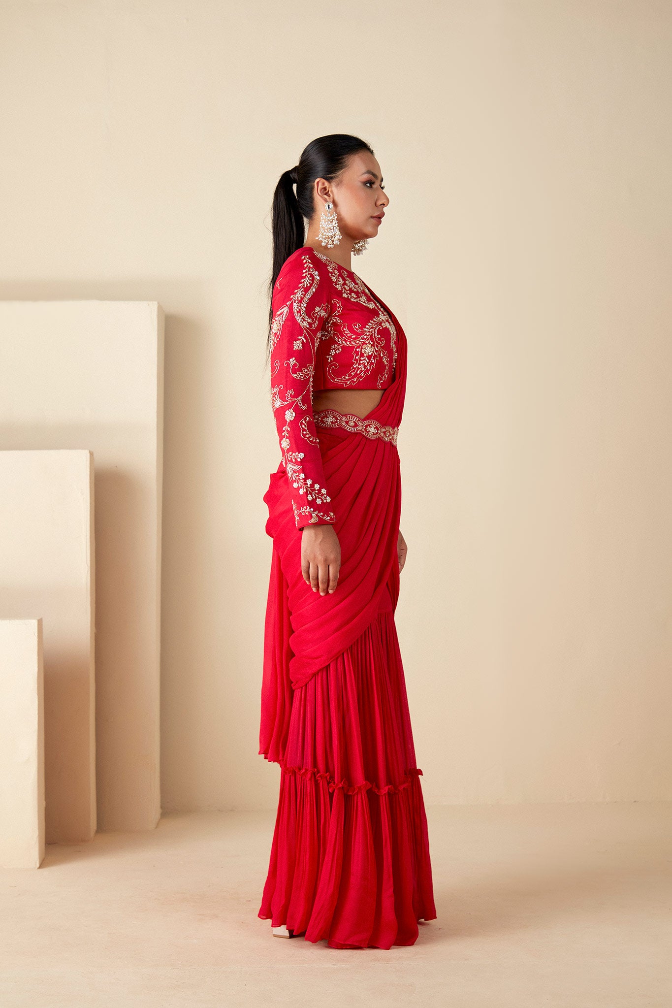 Red Pre Drape Sharara Saree