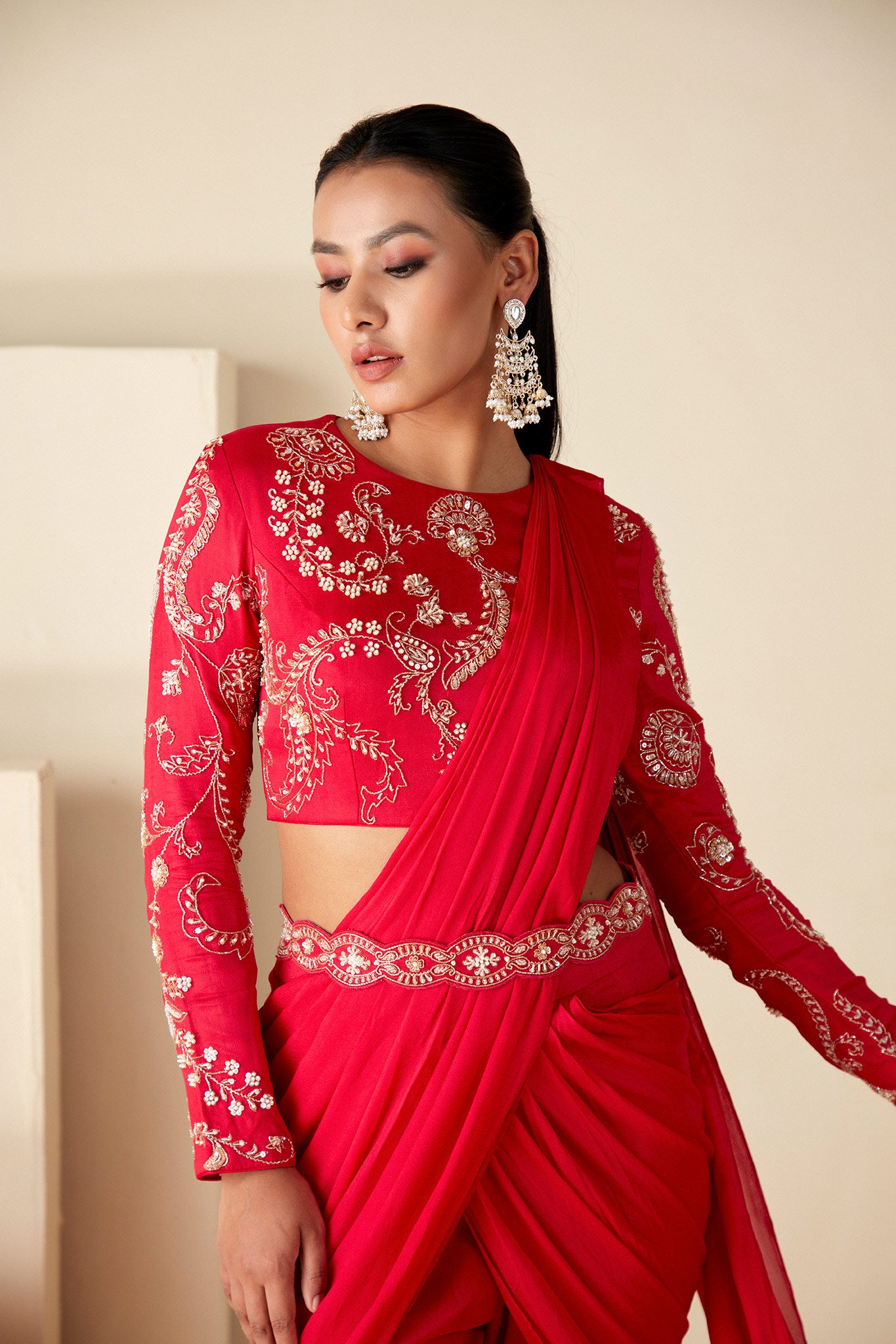 Red Pre Drape Sharara Saree