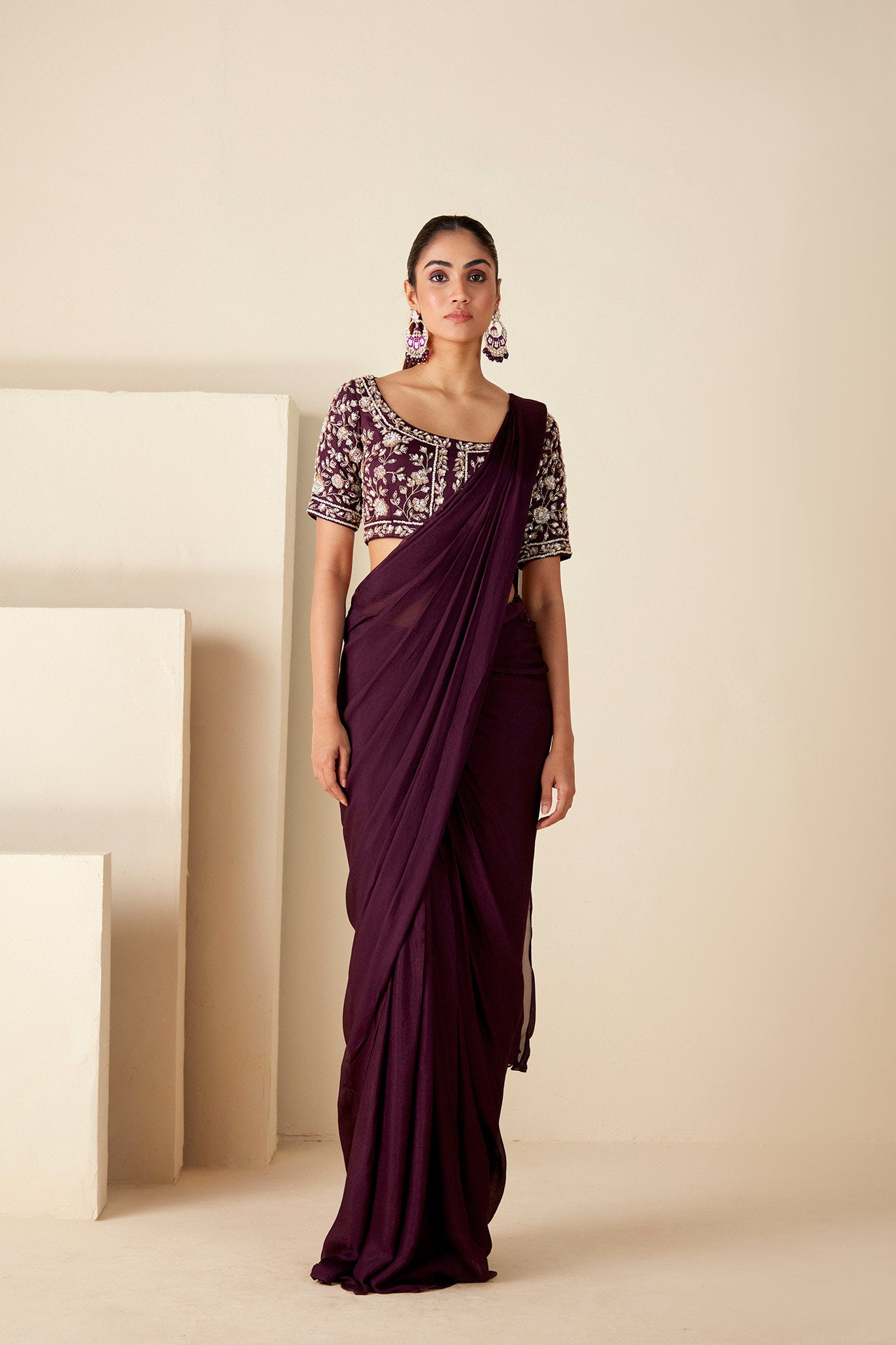 Wine Pre Drape Saree