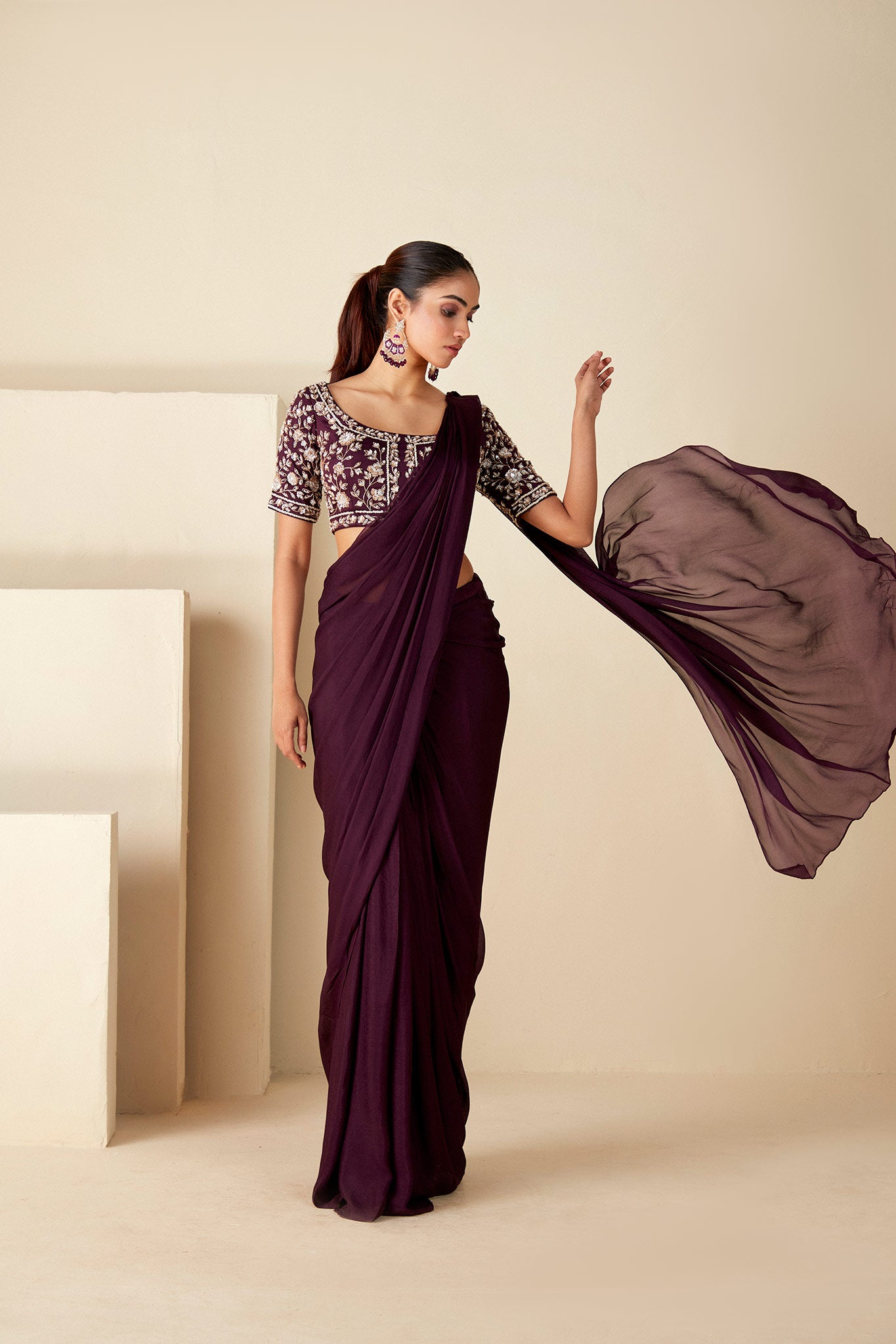 Wine Pre Drape Saree