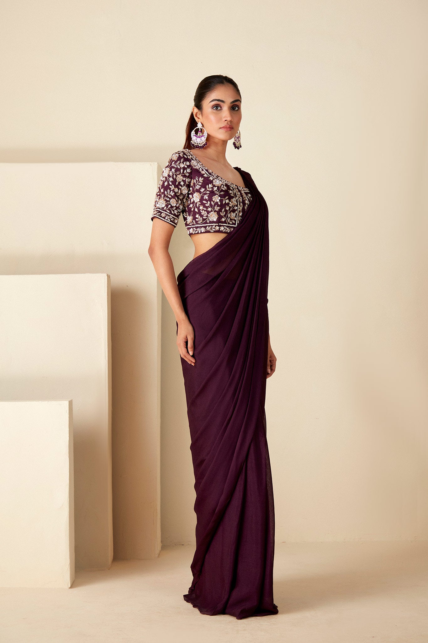 Wine Pre Drape Saree