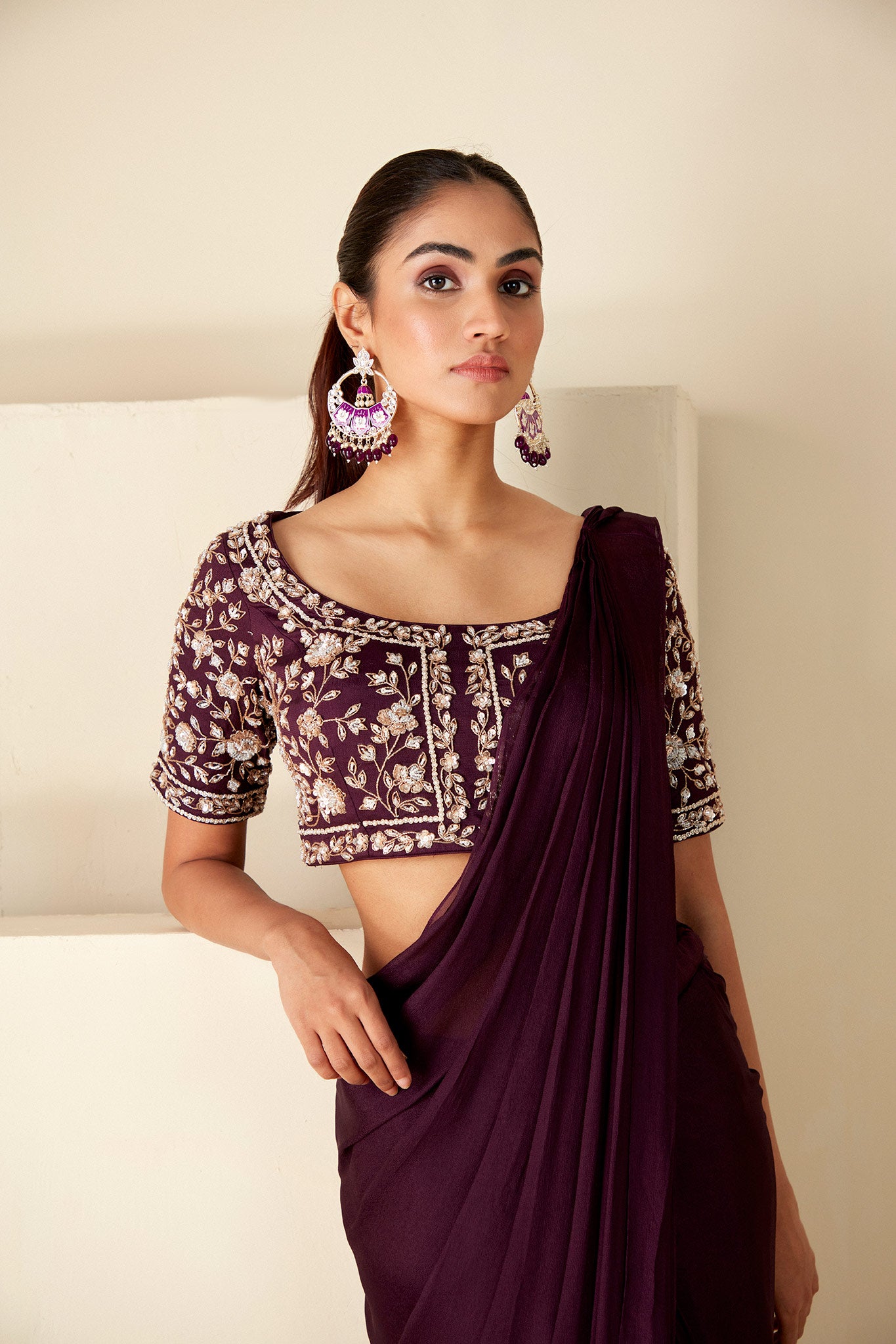 Wine Pre Drape Saree