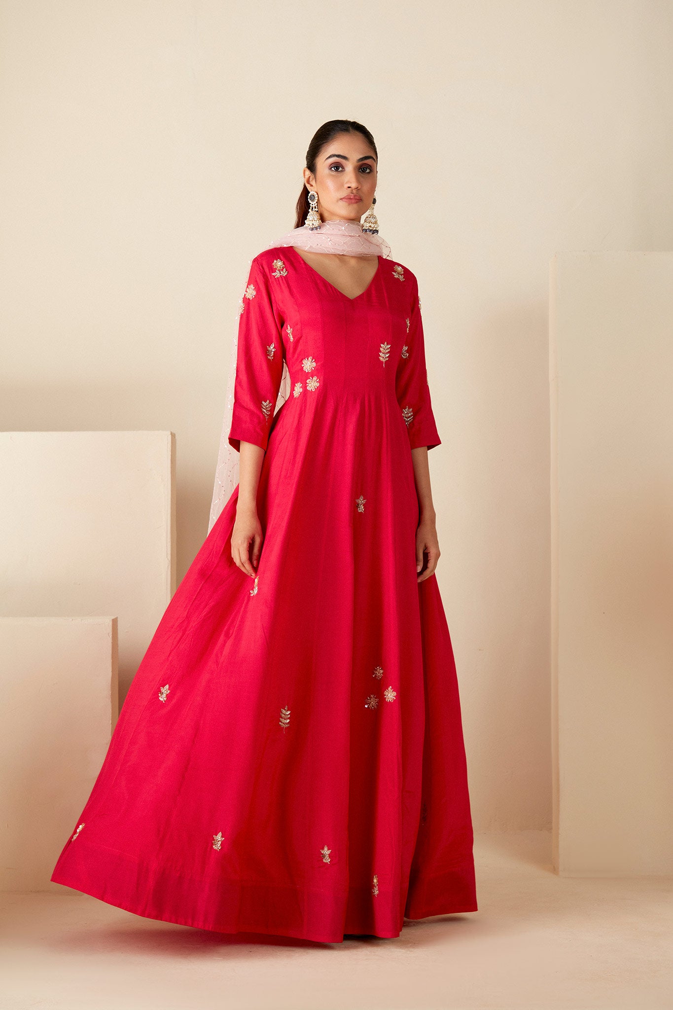 Red hand Embroidered Anarkali Suit