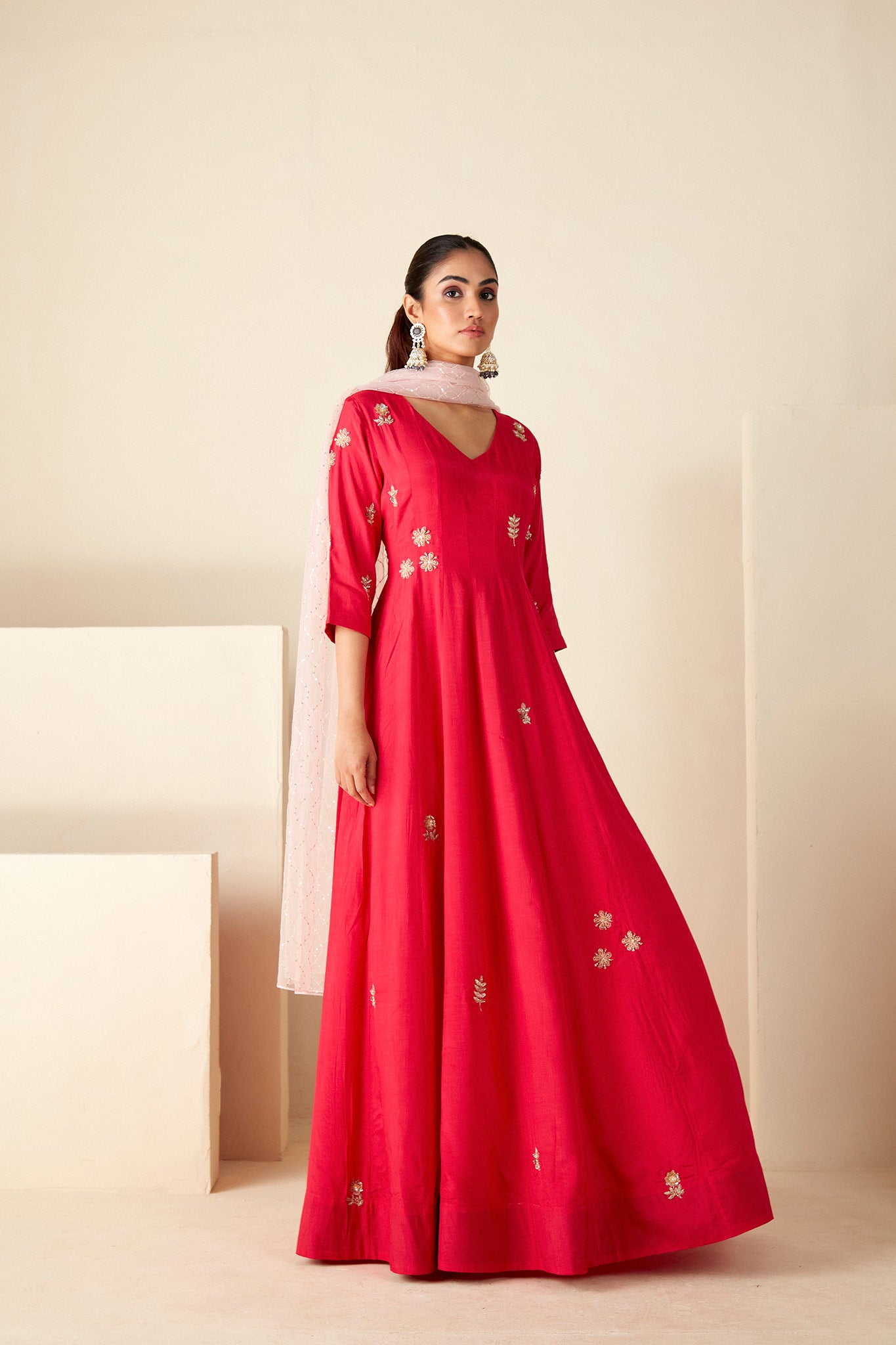 Red hand Embroidered Anarkali Suit