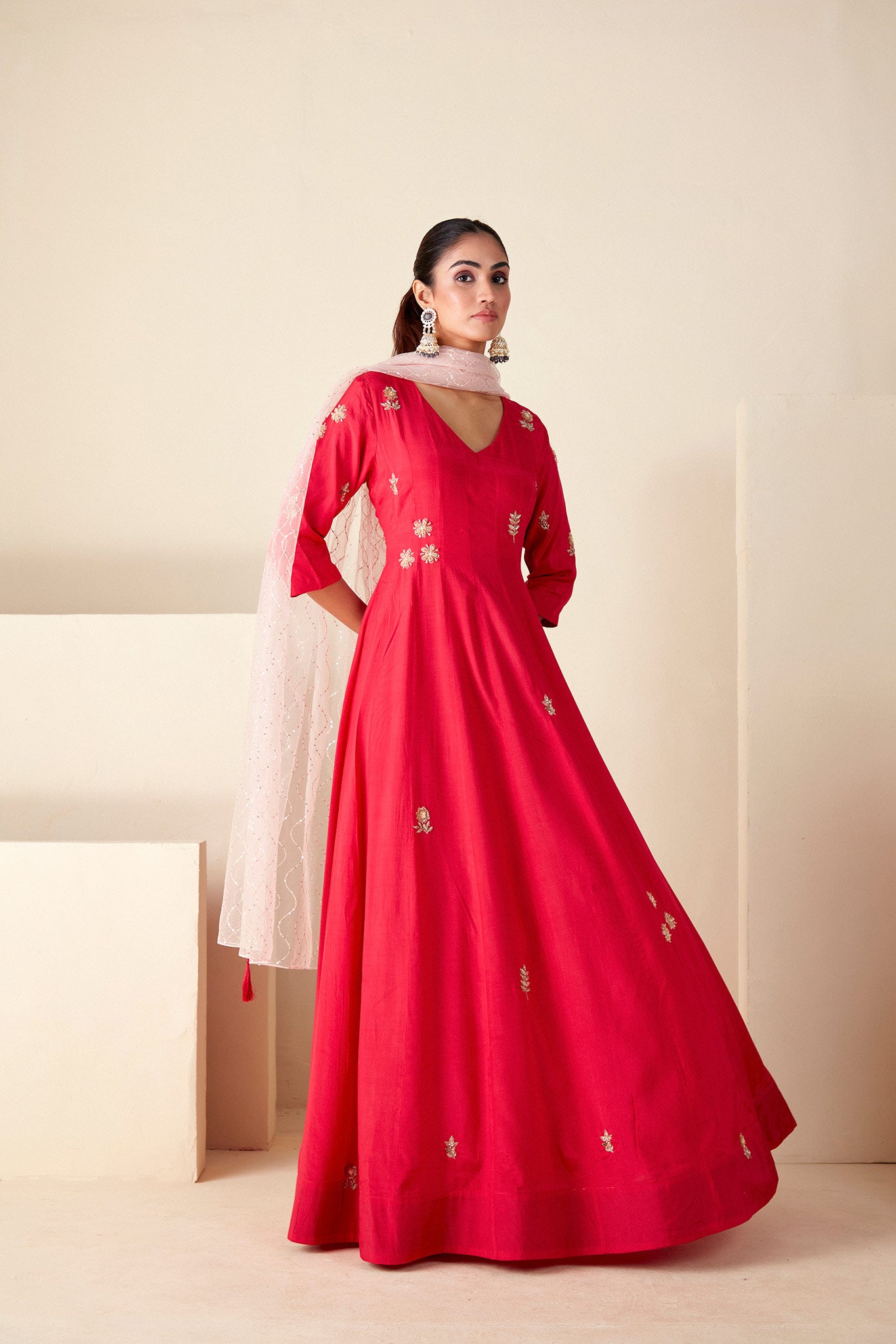 Red hand Embroidered Anarkali Suit