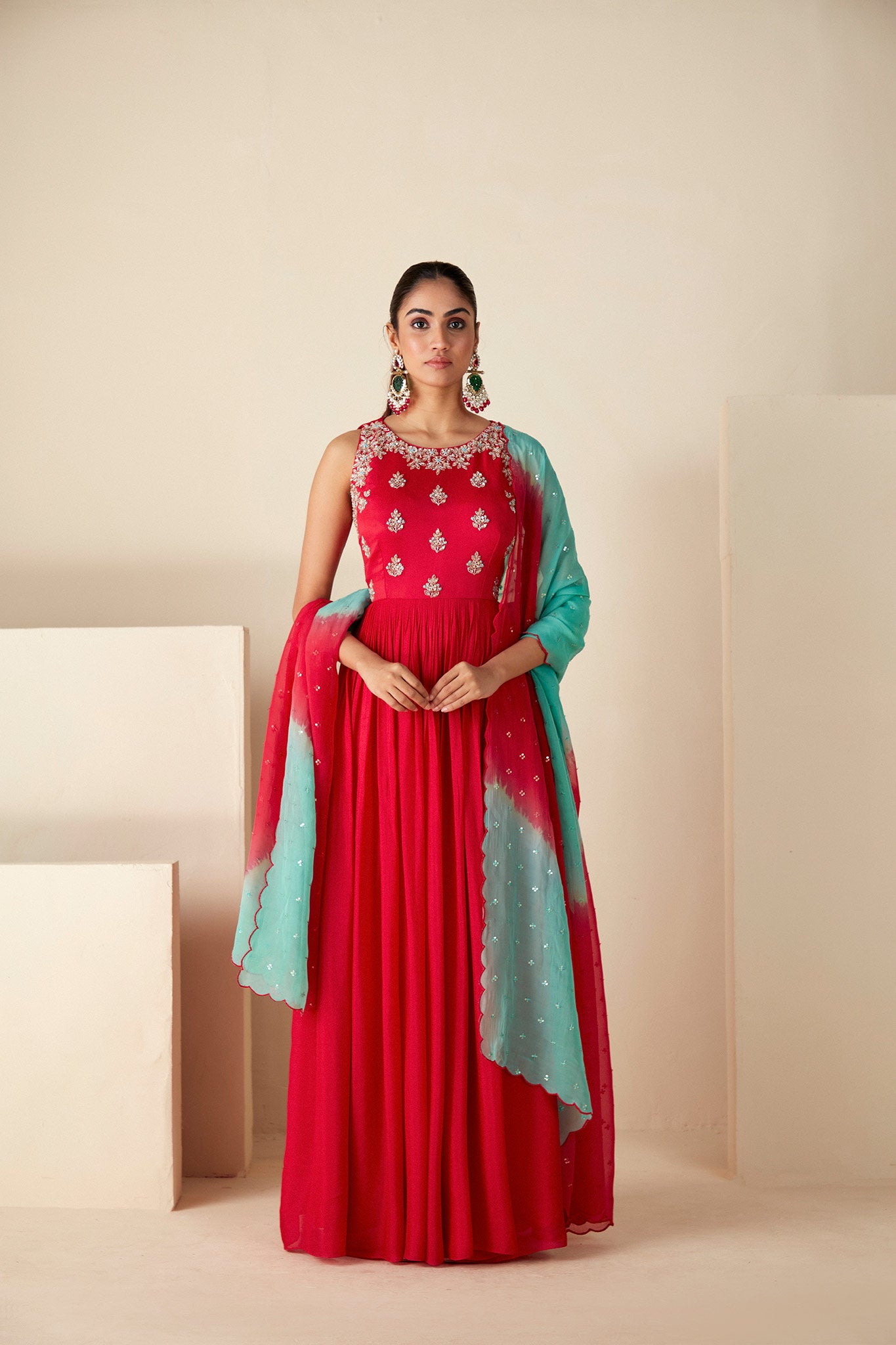 Red Anarkali Suit with contrast ombre dupatta