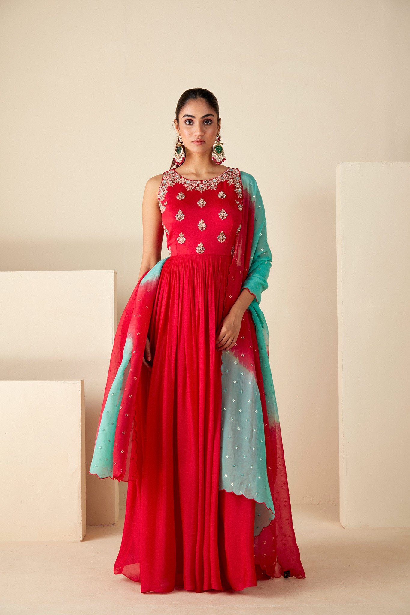 Red Anarkali Suit with contrast ombre dupatta