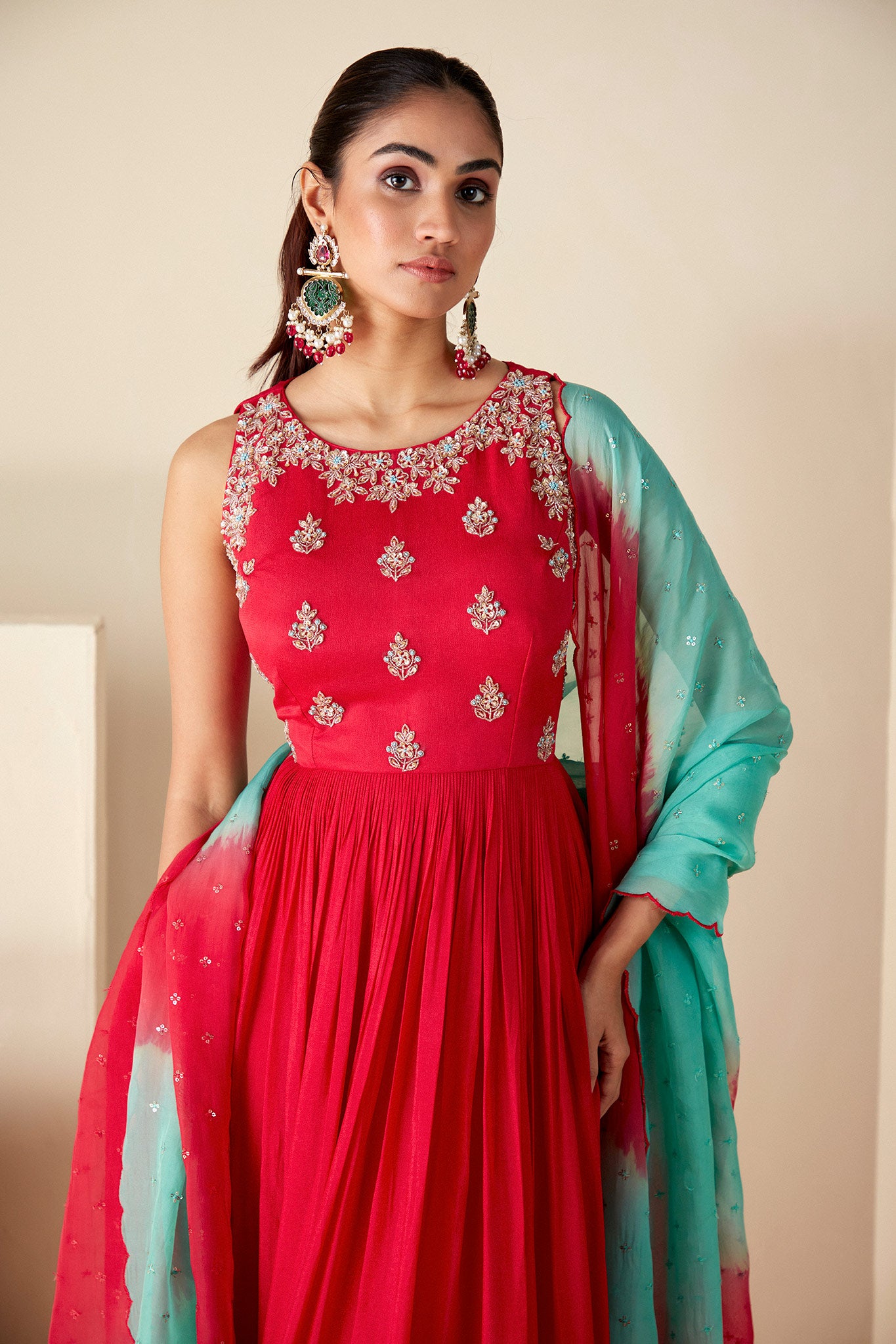 Red Anarkali Suit with contrast ombre dupatta