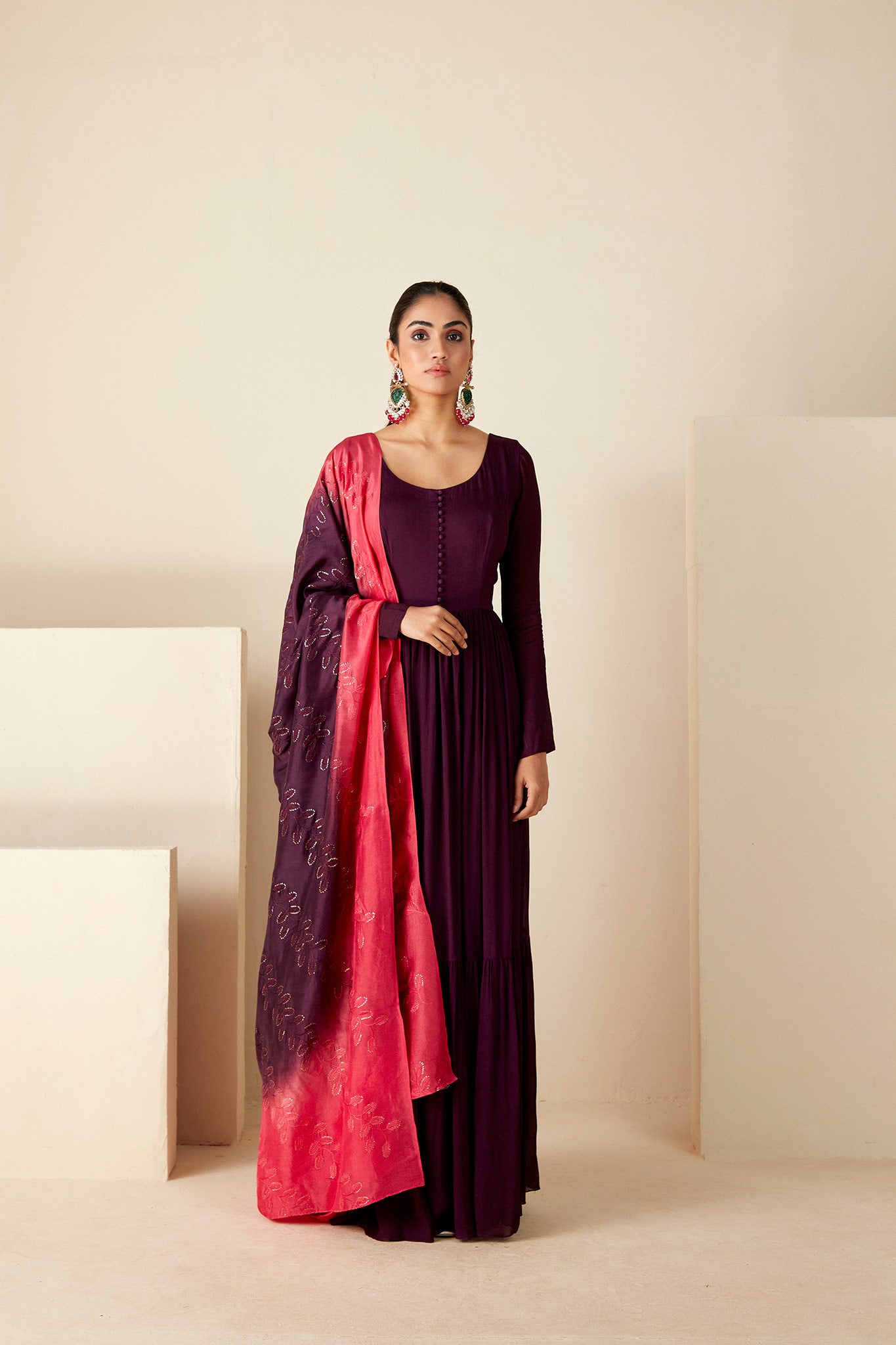 Wine Thread Embroidered Anarkali Suit