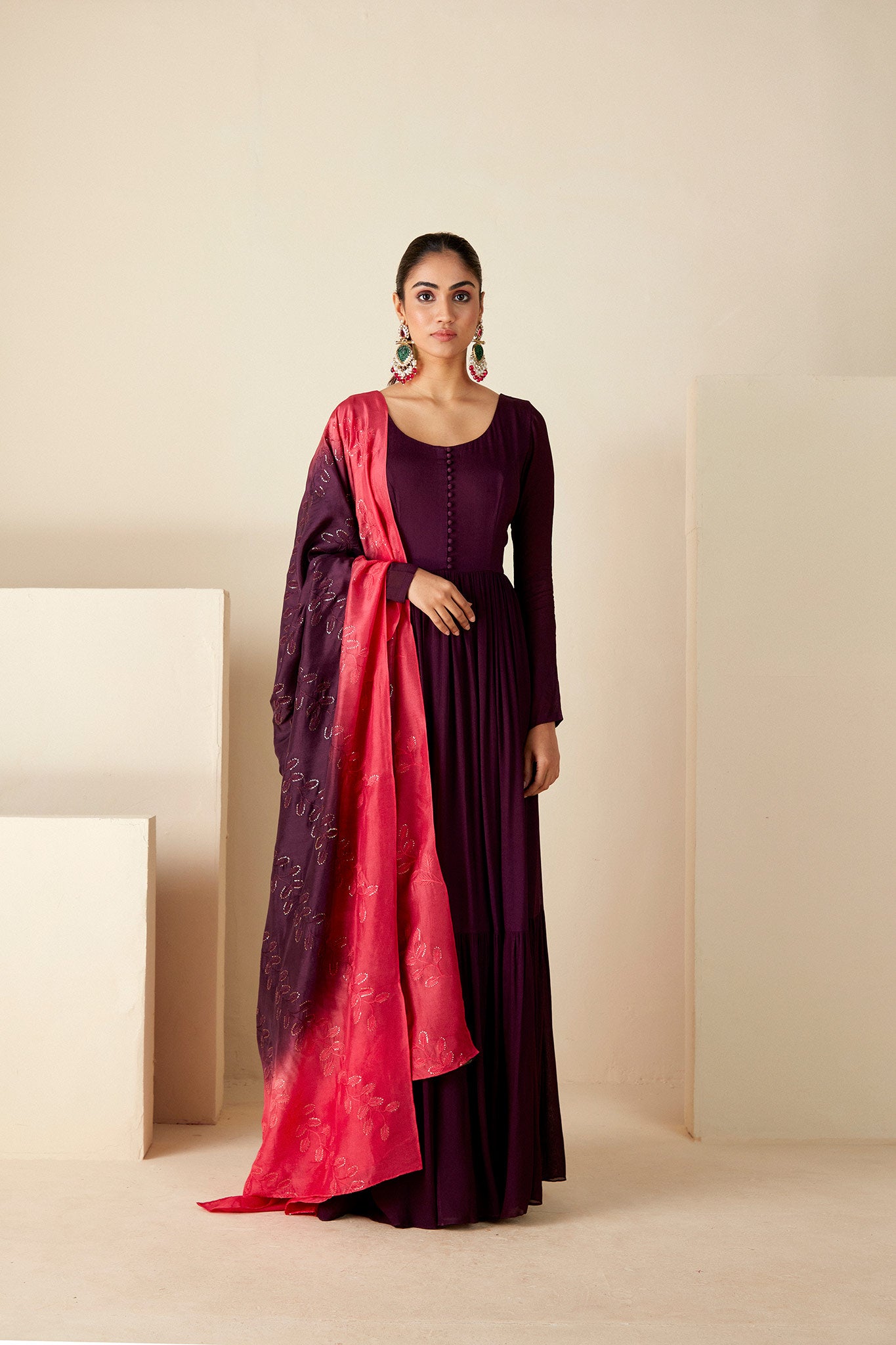 Wine Thread Embroidered Anarkali Suit