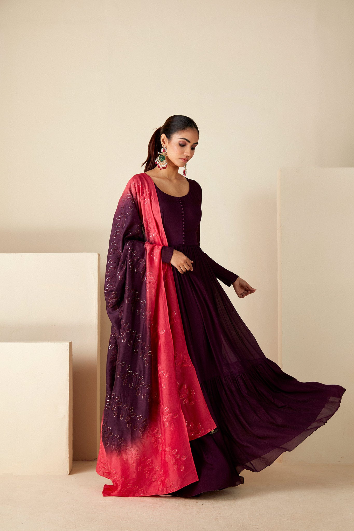 Wine Thread Embroidered Anarkali Suit