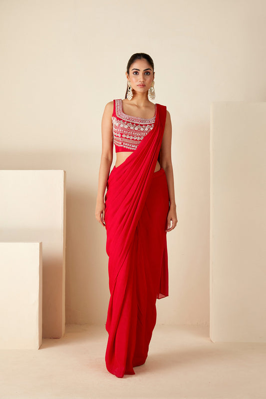 Red pre-draped Saree