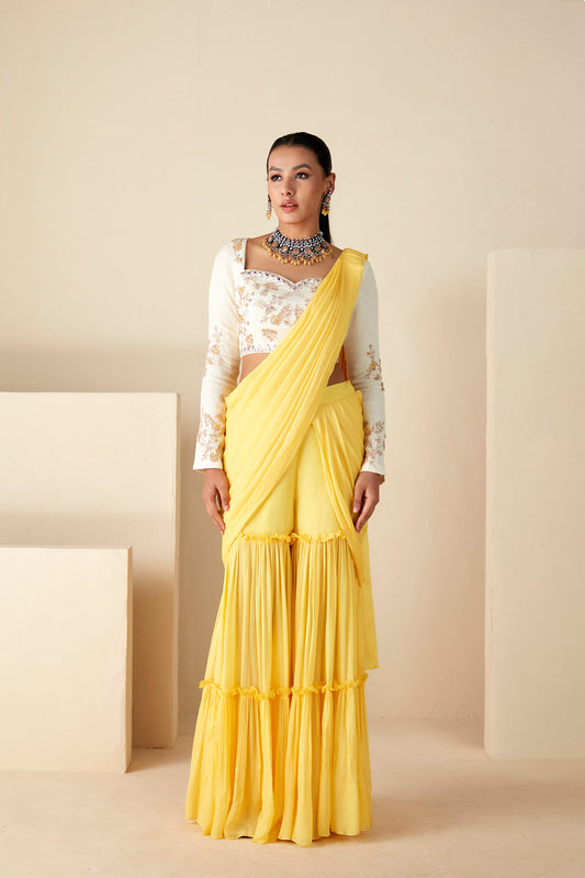 Yellow PerDrape sharara Saree