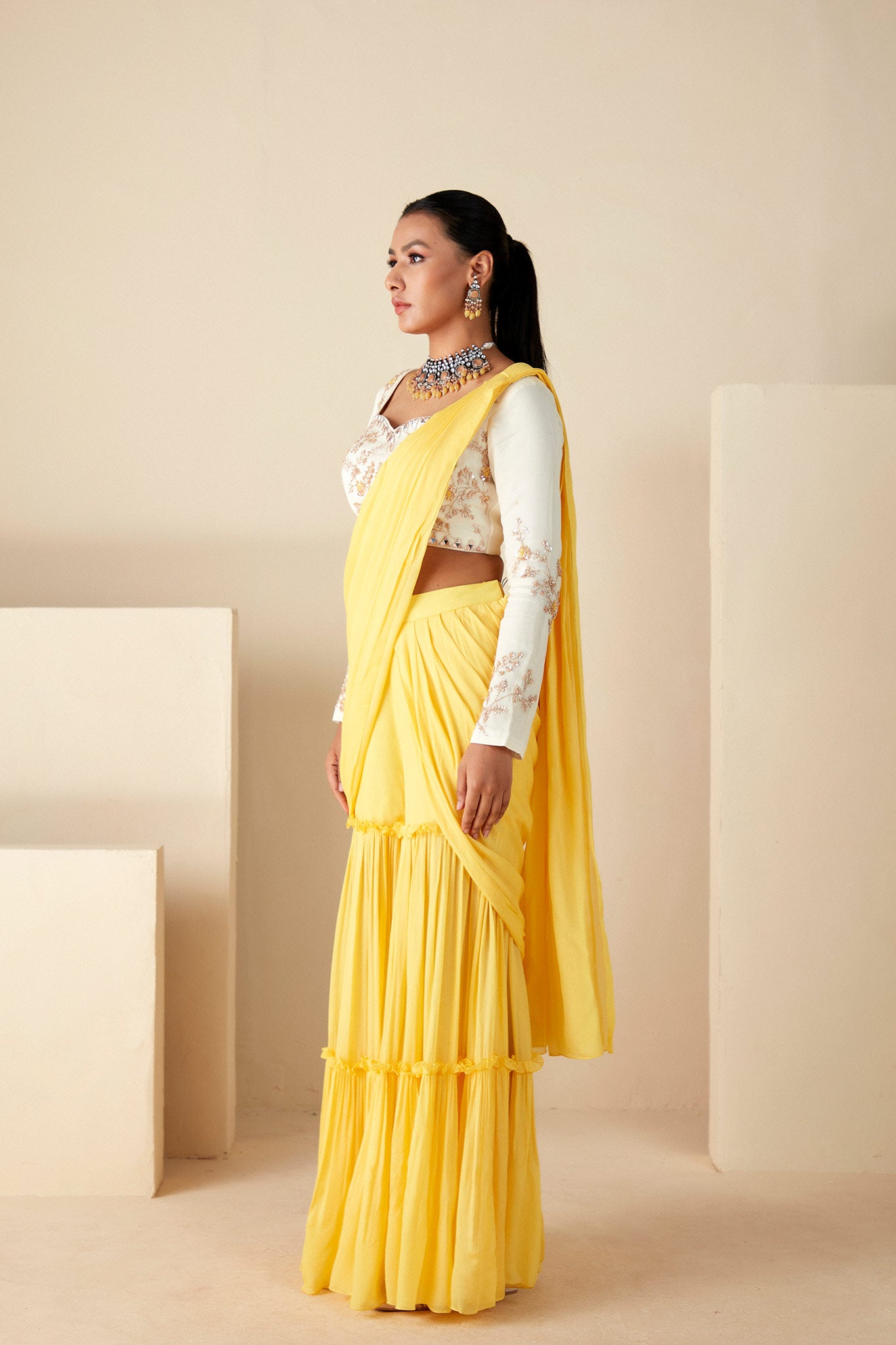 Yellow PerDrape sharara Saree