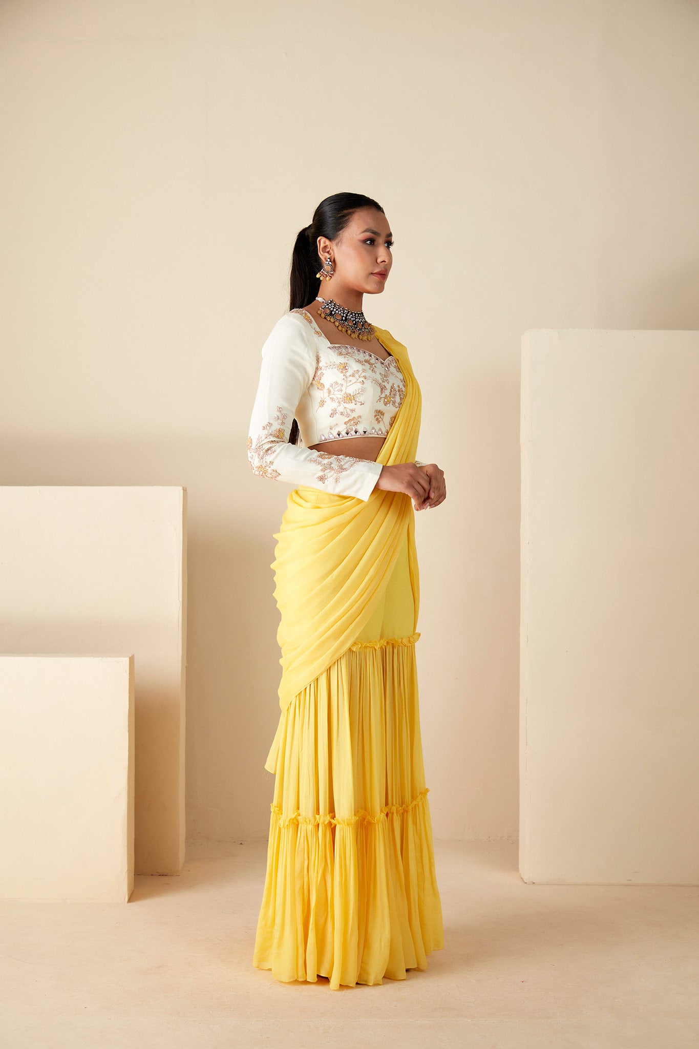 Yellow PerDrape sharara Saree