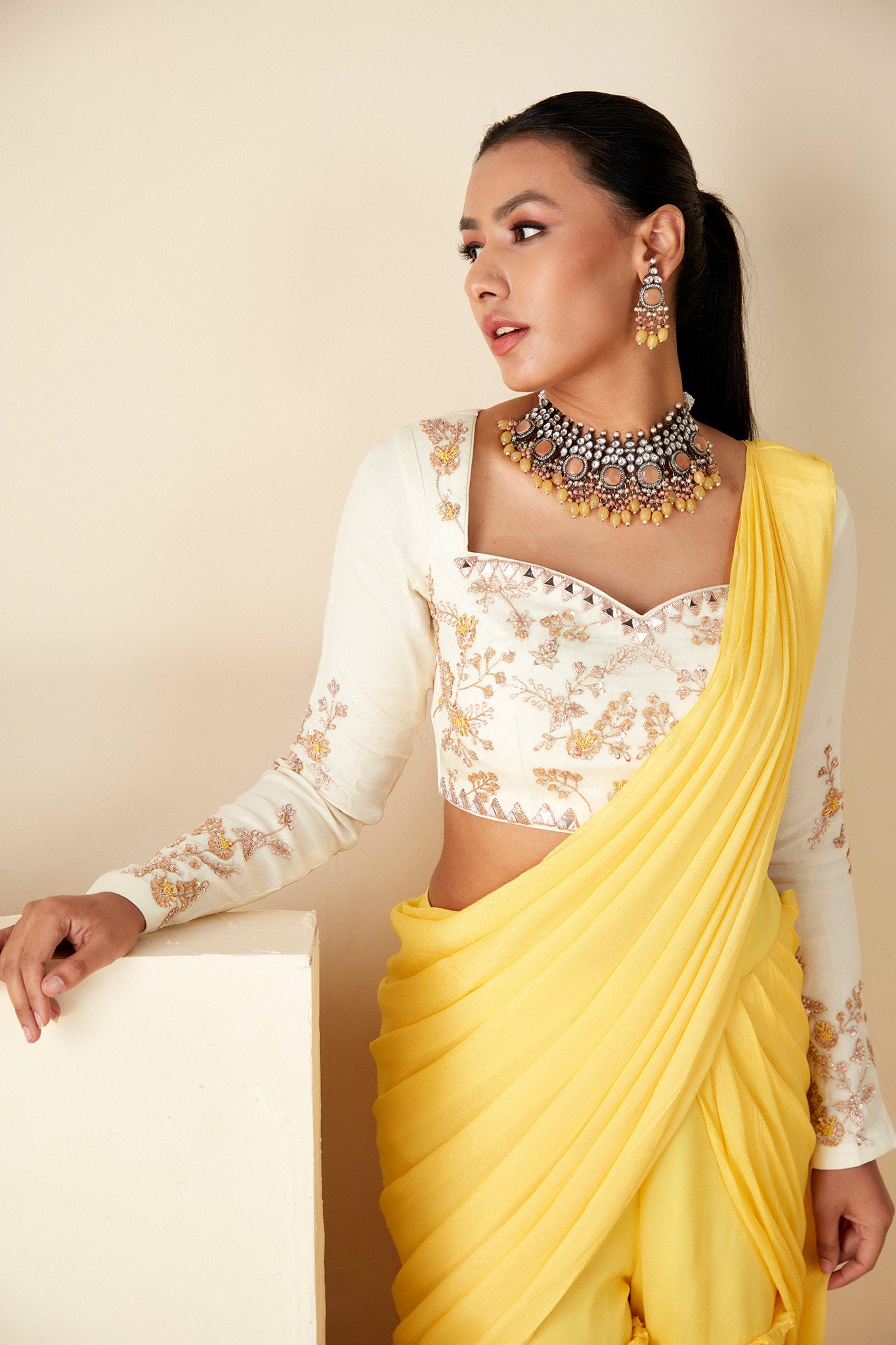 Yellow PerDrape sharara Saree