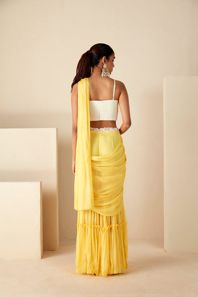 Yellow PreDrape Sharara Saree with belt