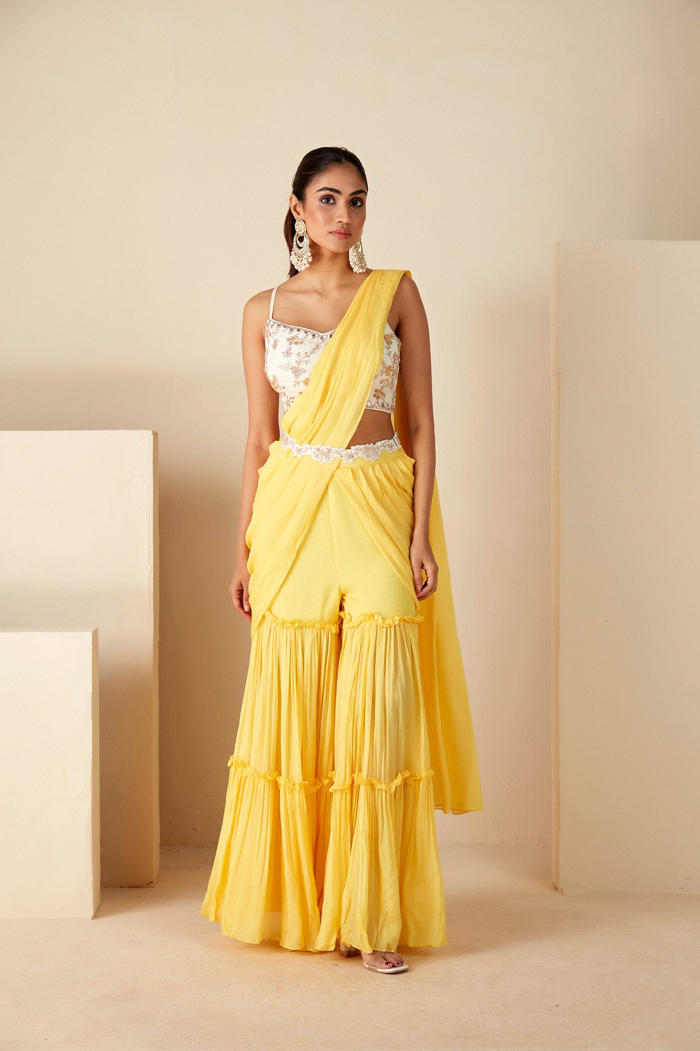 Yellow PreDrape Sharara Saree with belt
