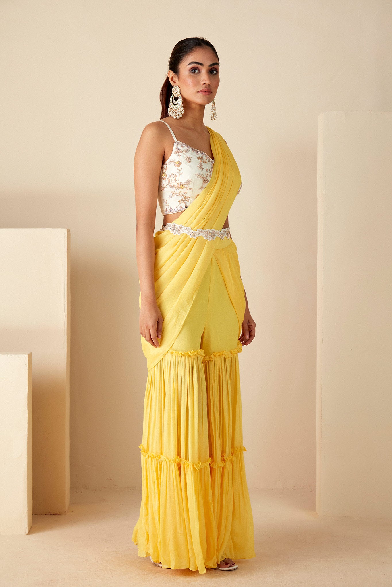 Yellow PreDrape Sharara Saree with belt