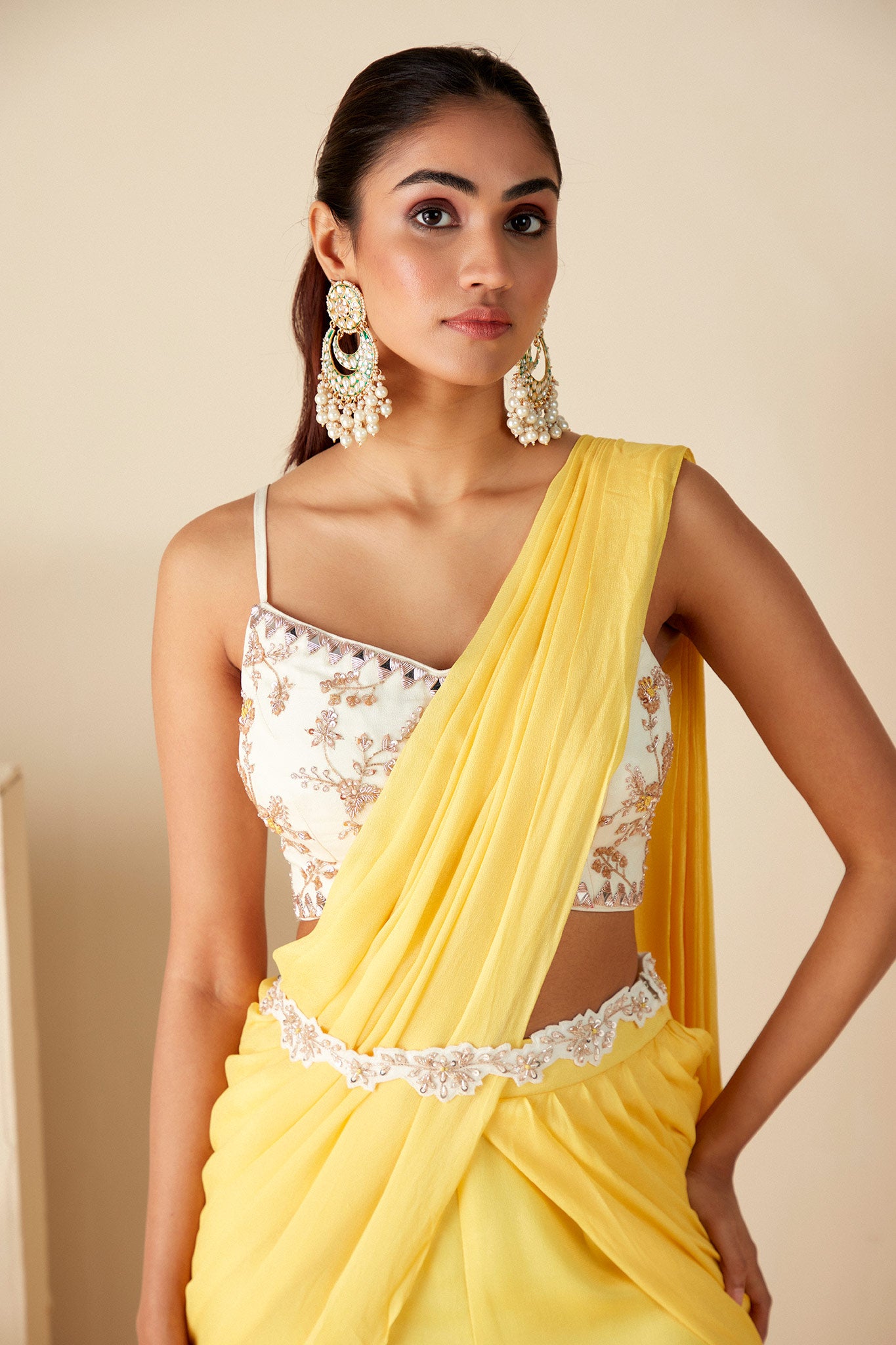 Yellow PreDrape Sharara Saree with belt