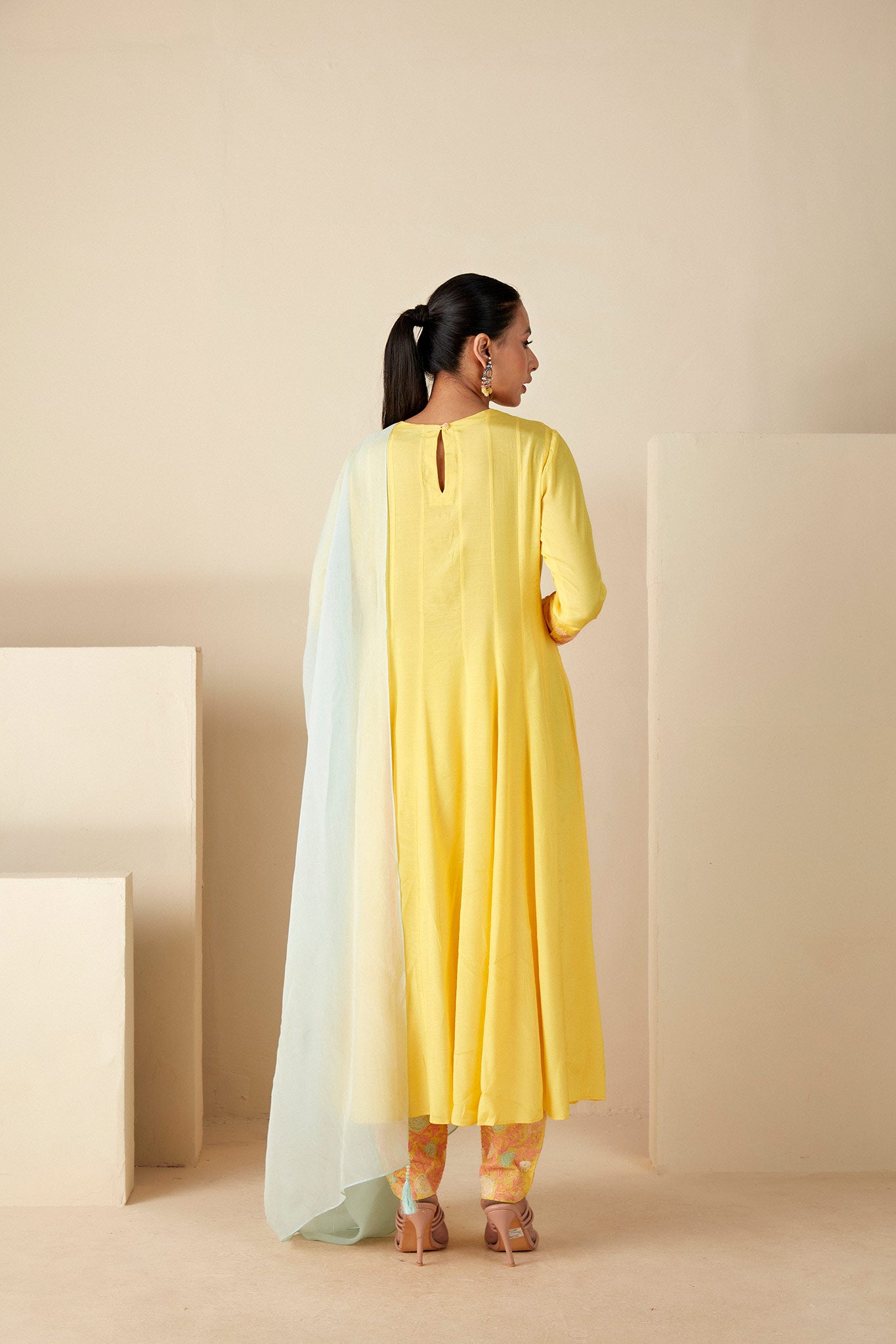 Yellow Thread work Anarkali Suit