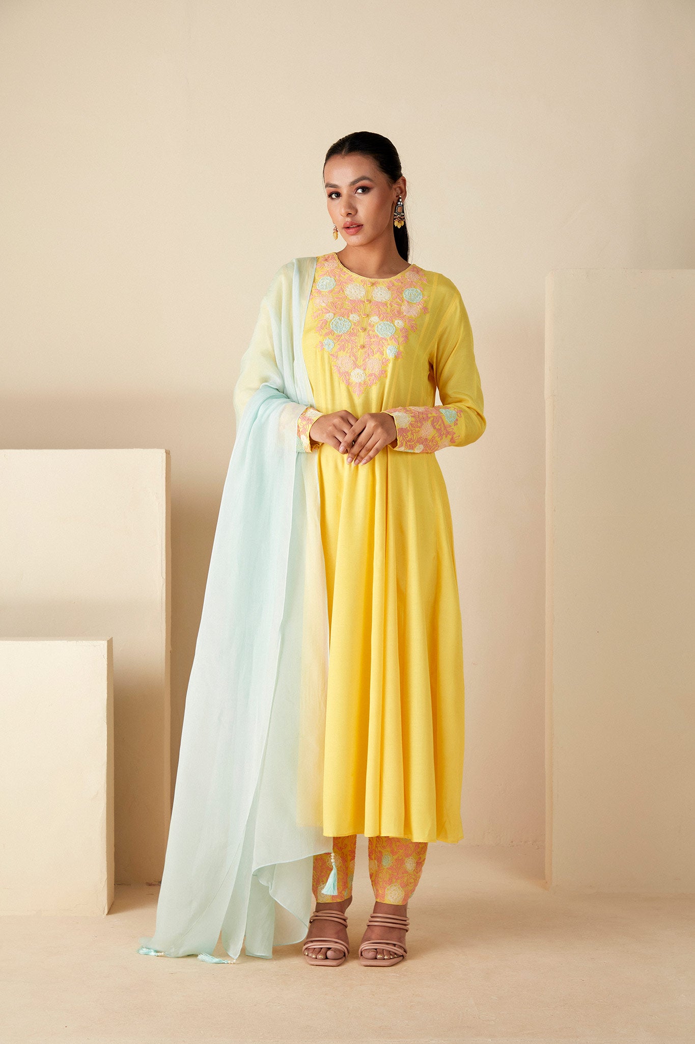 Yellow Thread work Anarkali Suit