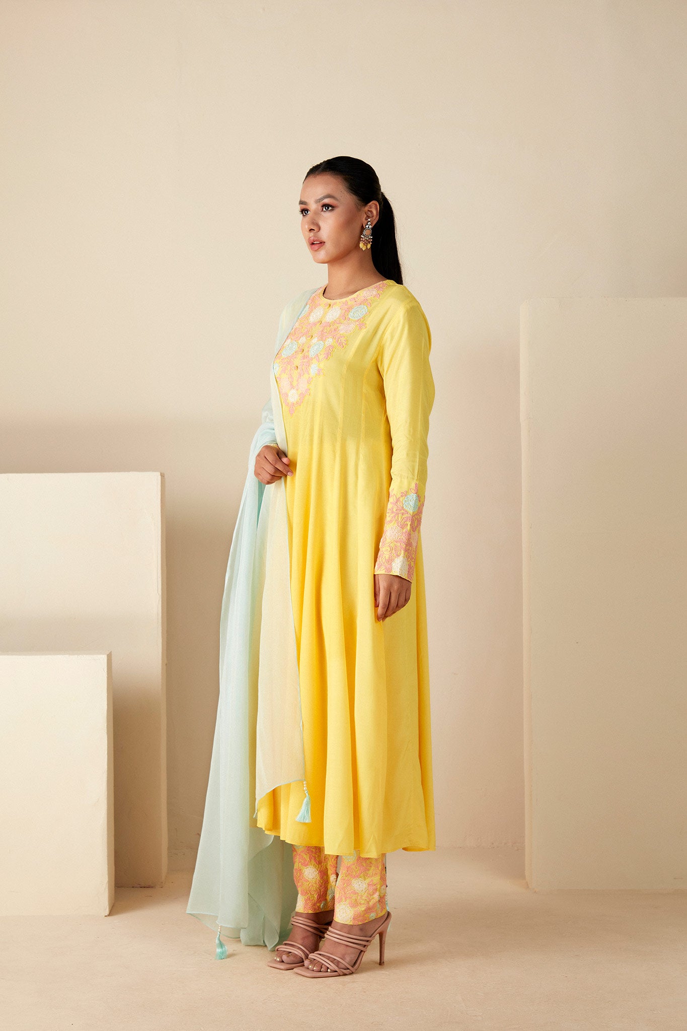 Yellow Thread work Anarkali Suit