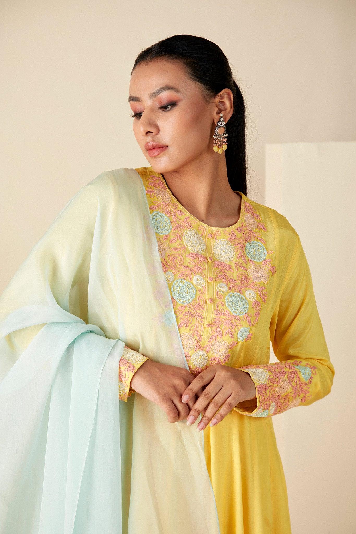 Yellow Thread work Anarkali Suit