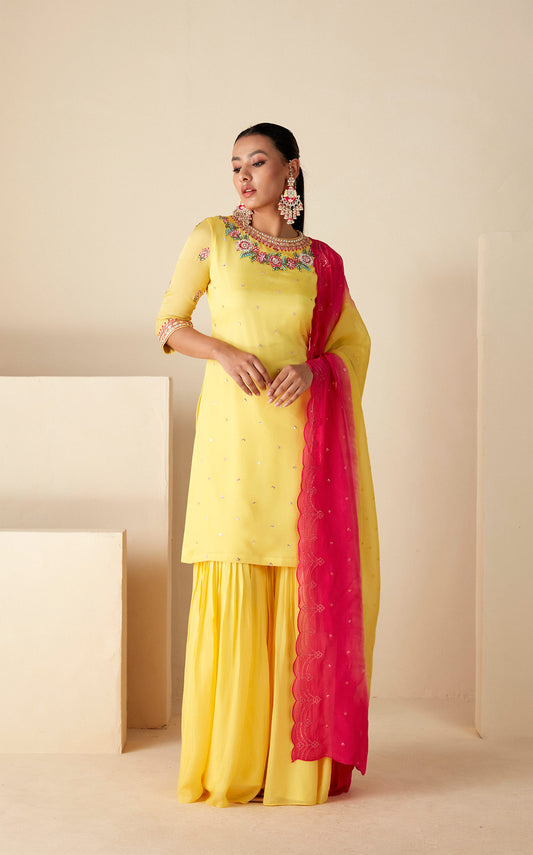 Yellow and Pink Sharara Set