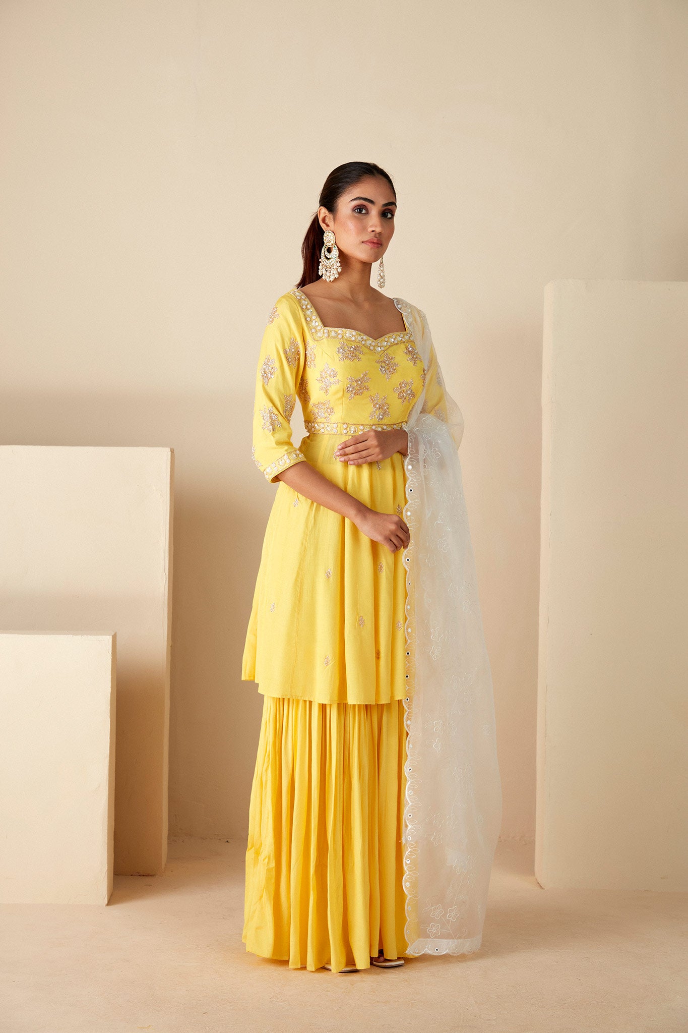 Yellow and Off white Sharara Suit