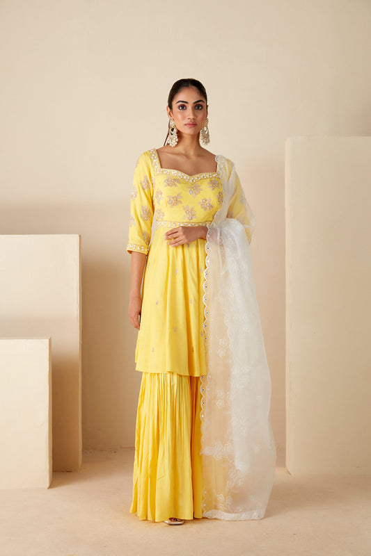 Yellow and Off white Sharara Suit