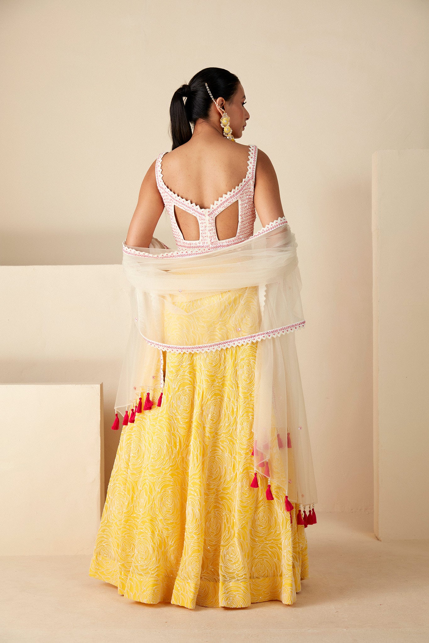 Yellow and White Thread Lehenga Set